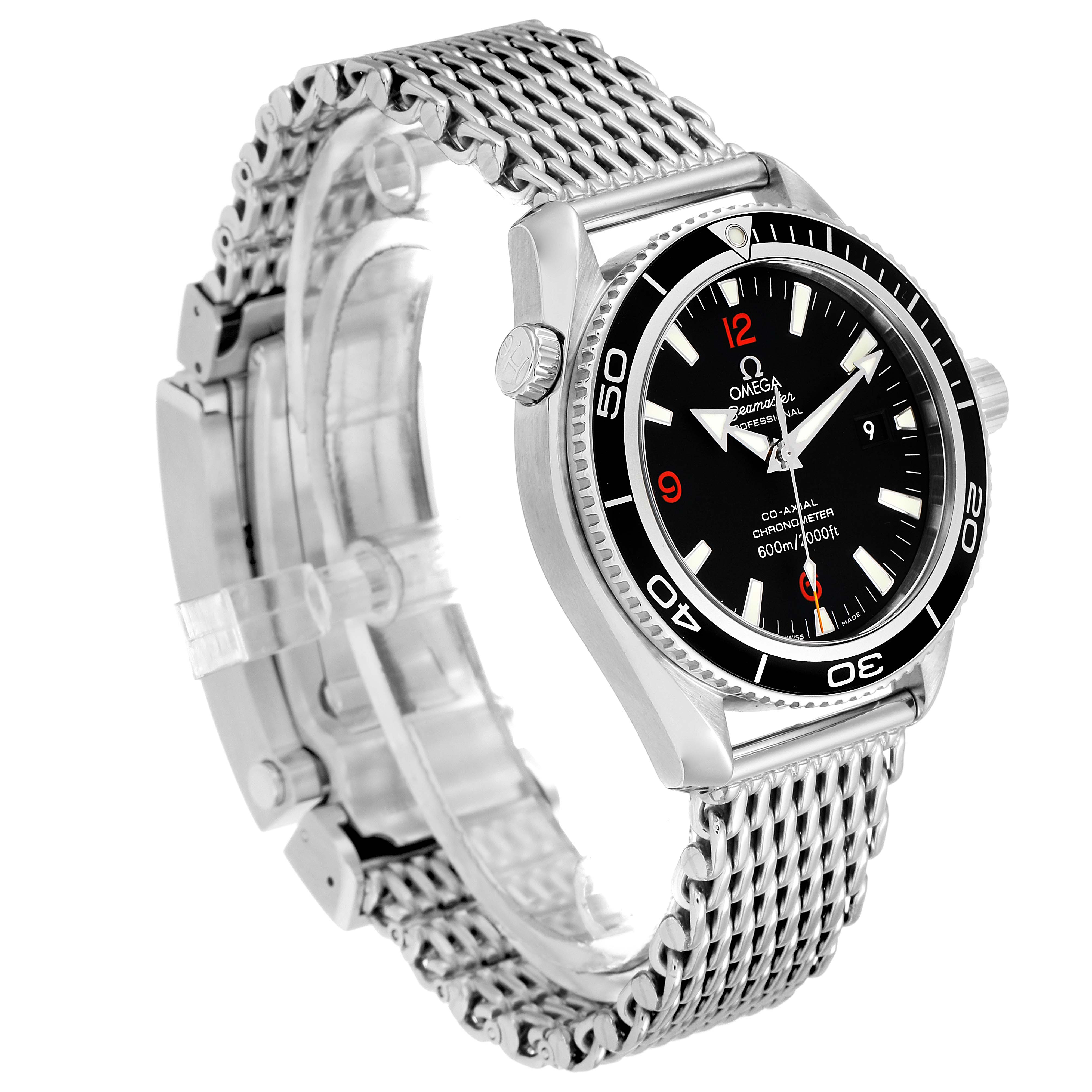 The image shows an Omega Planet Ocean 2201.51.00 Men's Stainless Steel Black Dial 2201.51.00 Men's Stainless Steel Black Dial watch angled to display its face, bezel, crown, and mesh bracelet.