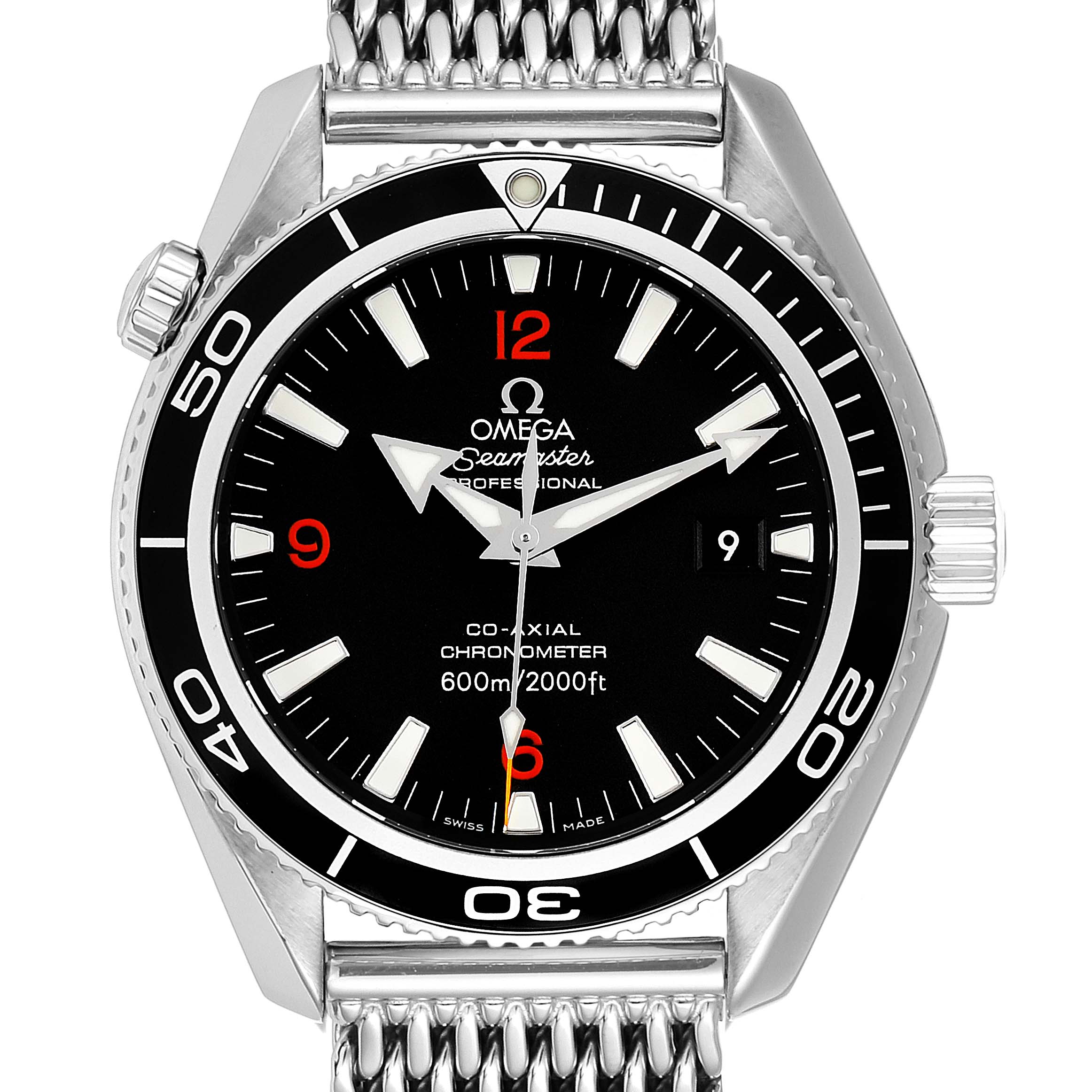 The image shows a front view of the Omega Planet Ocean 2201.51.00 Men's Stainless Steel Black Dial 2201.51.00 Men's Stainless Steel Black Dial Seamaster watch face and part of the metal bracelet.