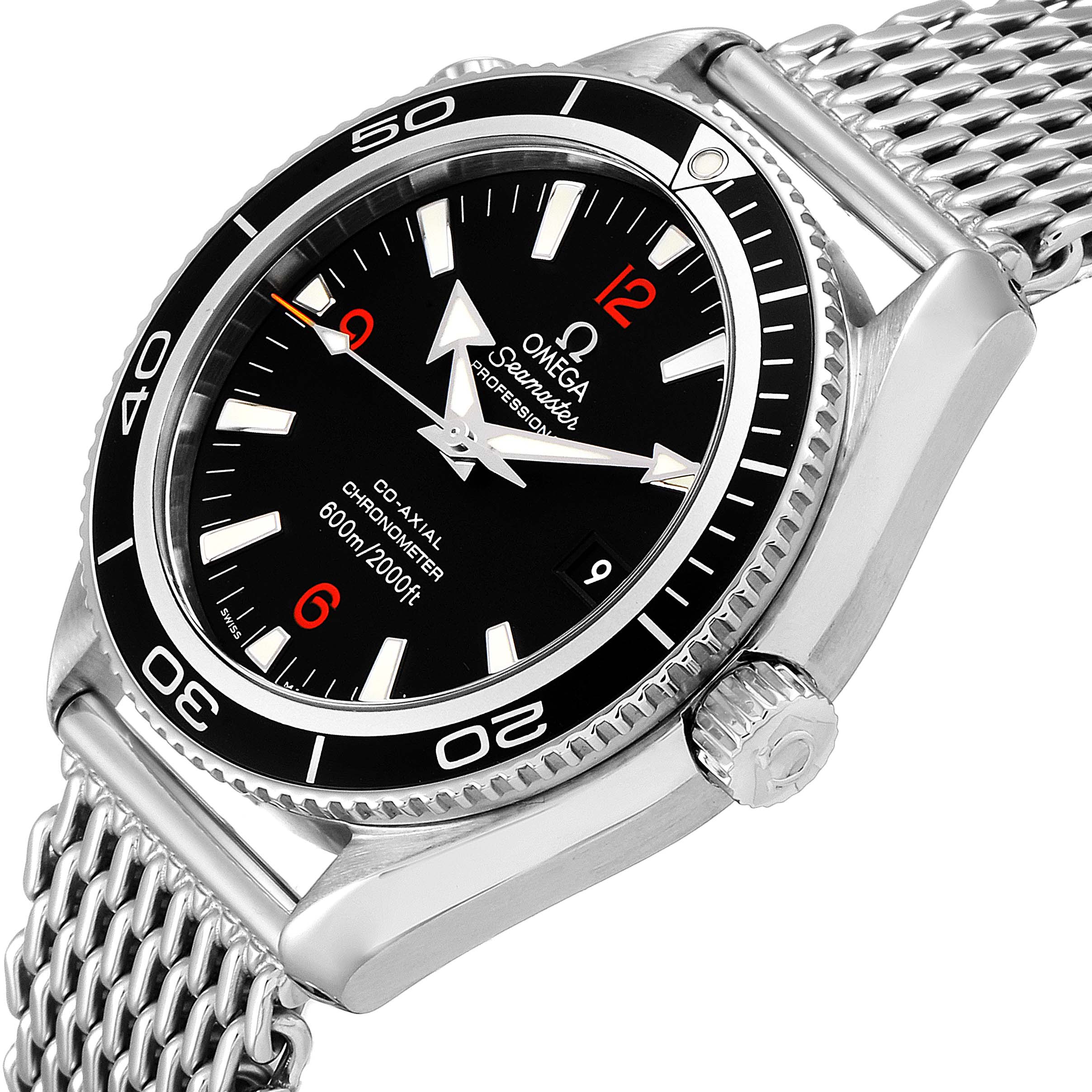 The image shows an angled view of the Omega Planet Ocean 2201.51.00 Men's Stainless Steel Black Dial 2201.51.00 Men's Stainless Steel Black Dial watch, highlighting the dial, bezel, crown, and mesh bracelet.