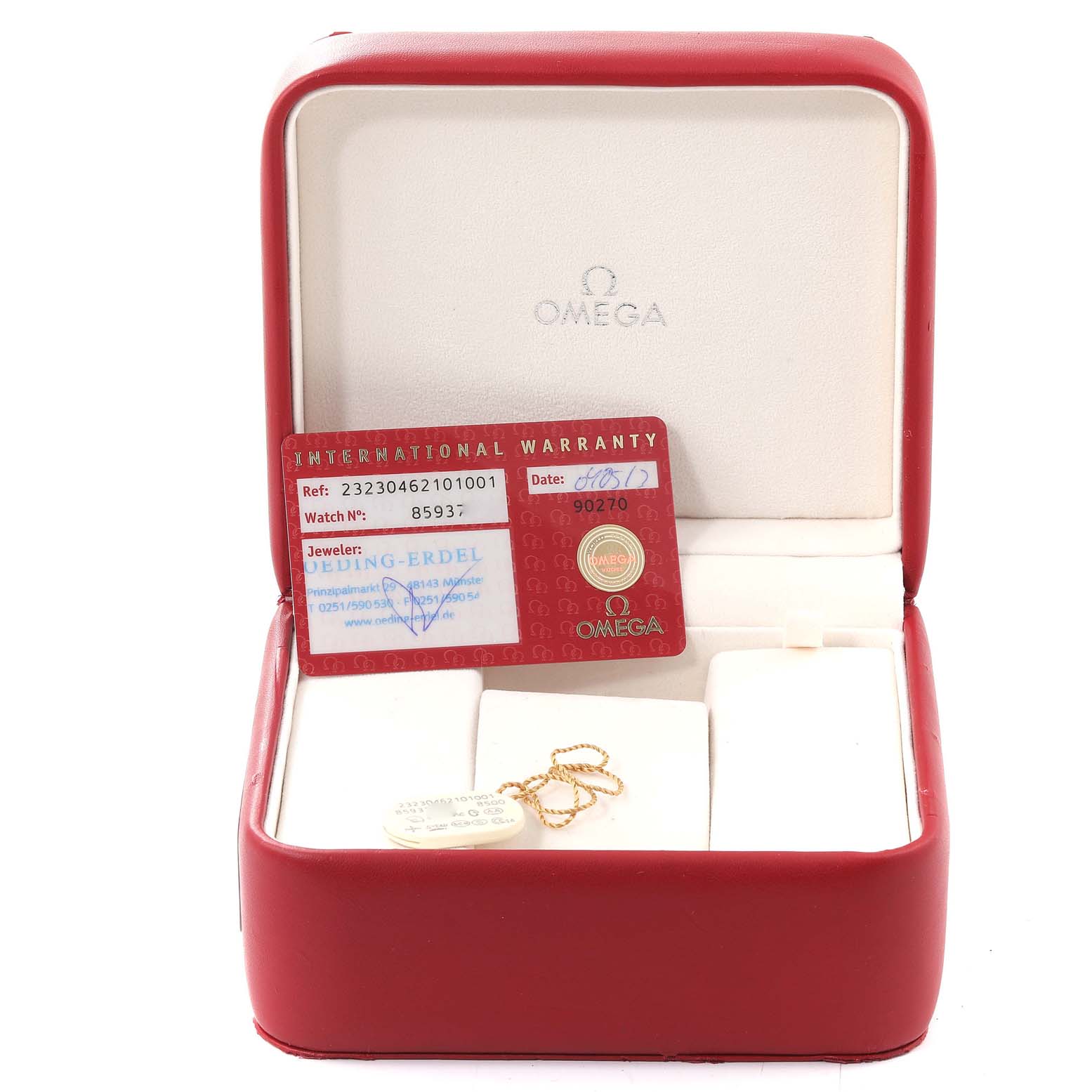 The image shows a red Omega watch box containing an international warranty card and tags for the Omega Planet Ocean 232.30.46.21.01.001 Men
s Stainless Steel Black Dial 232.30.46.21.01.001 Men
s Stainless Steel Black Dial model.