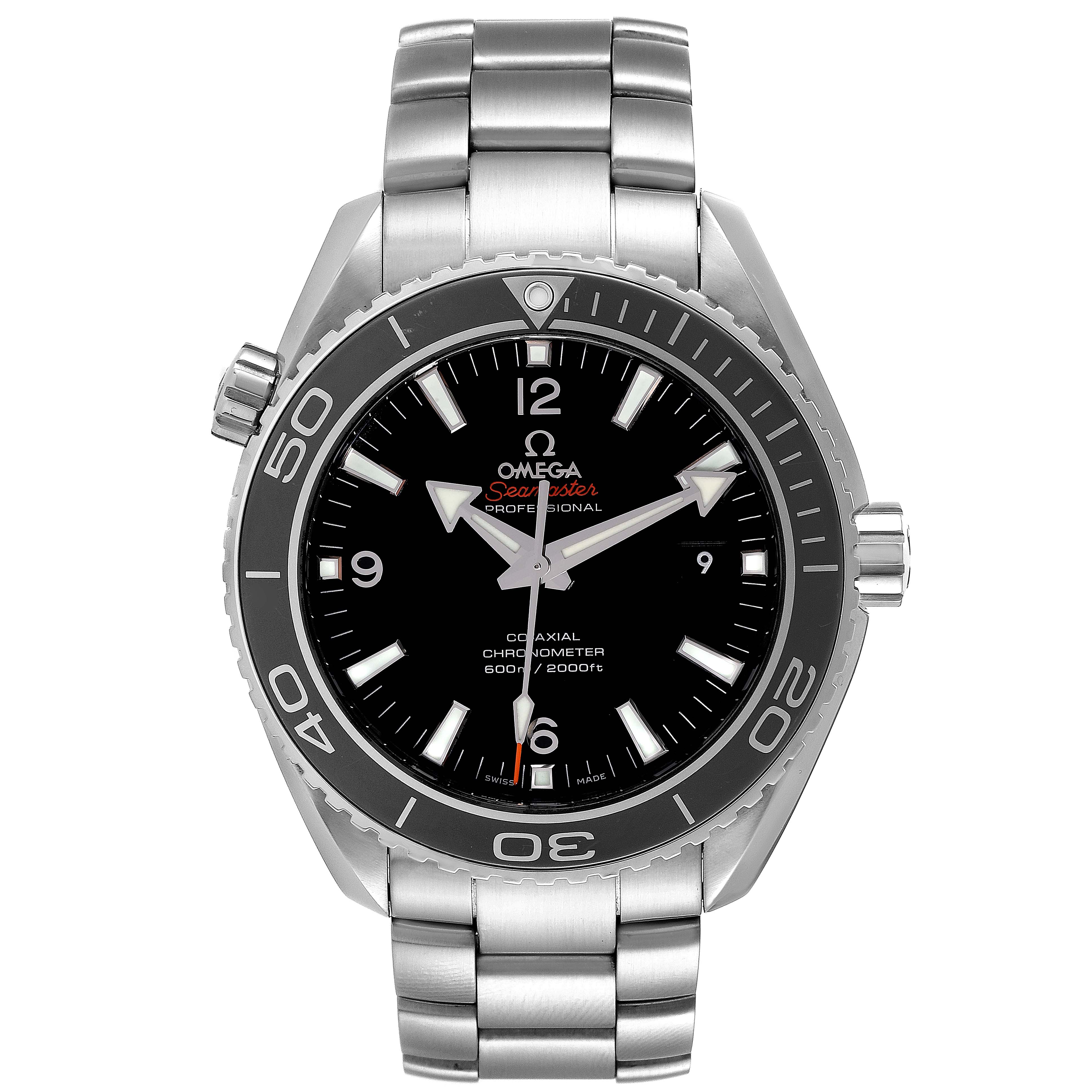 The image shows a front view of an Omega Planet Ocean 232.30.46.21.01.001 Men
s Stainless Steel Black Dial 232.30.46.21.01.001 Men
s Stainless Steel Black Dial watch, highlighting the dial, bezel, and stainless steel bracelet.