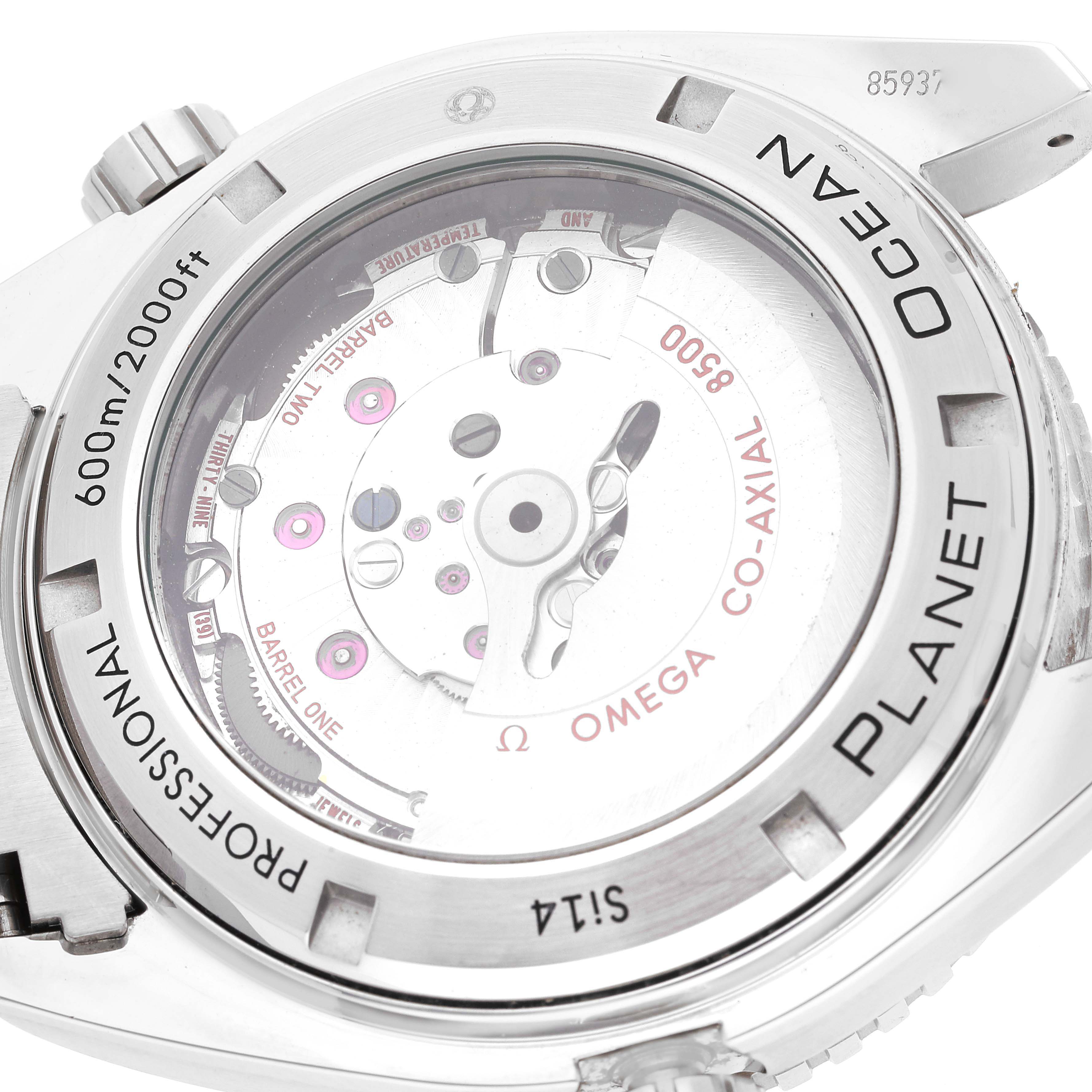 The image shows the back view of the Omega Planet Ocean 232.30.46.21.01.001 Men
s Stainless Steel Black Dial 232.30.46.21.01.001 Men
s Stainless Steel Black Dial watch, highlighting its movement and transparent case back.