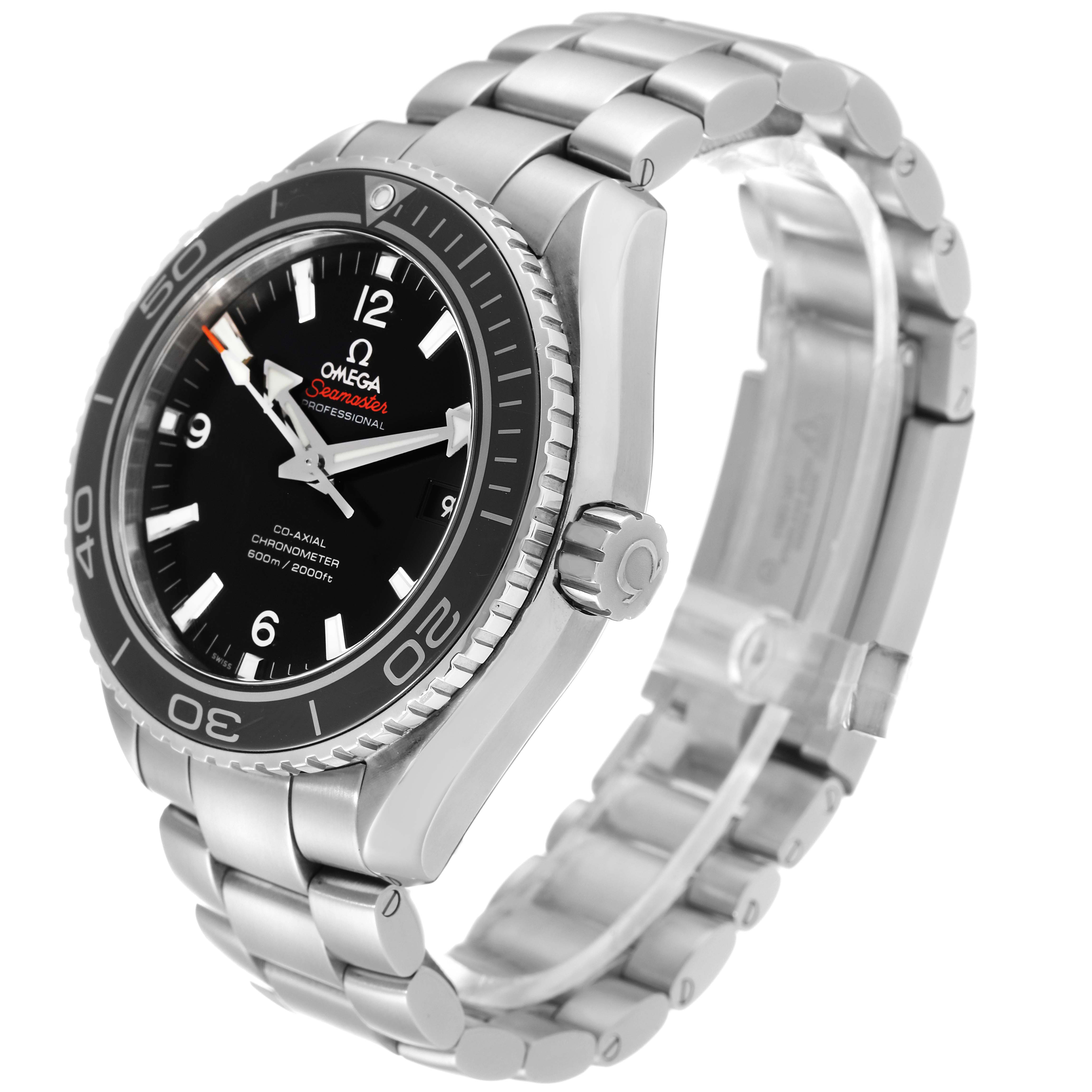 This is an angled side view showing the face, bezel, crown, and bracelet of the Omega Planet Ocean 232.30.46.21.01.001 Men
s Stainless Steel Black Dial 232.30.46.21.01.001 Men
s Stainless Steel Black Dial model watch.