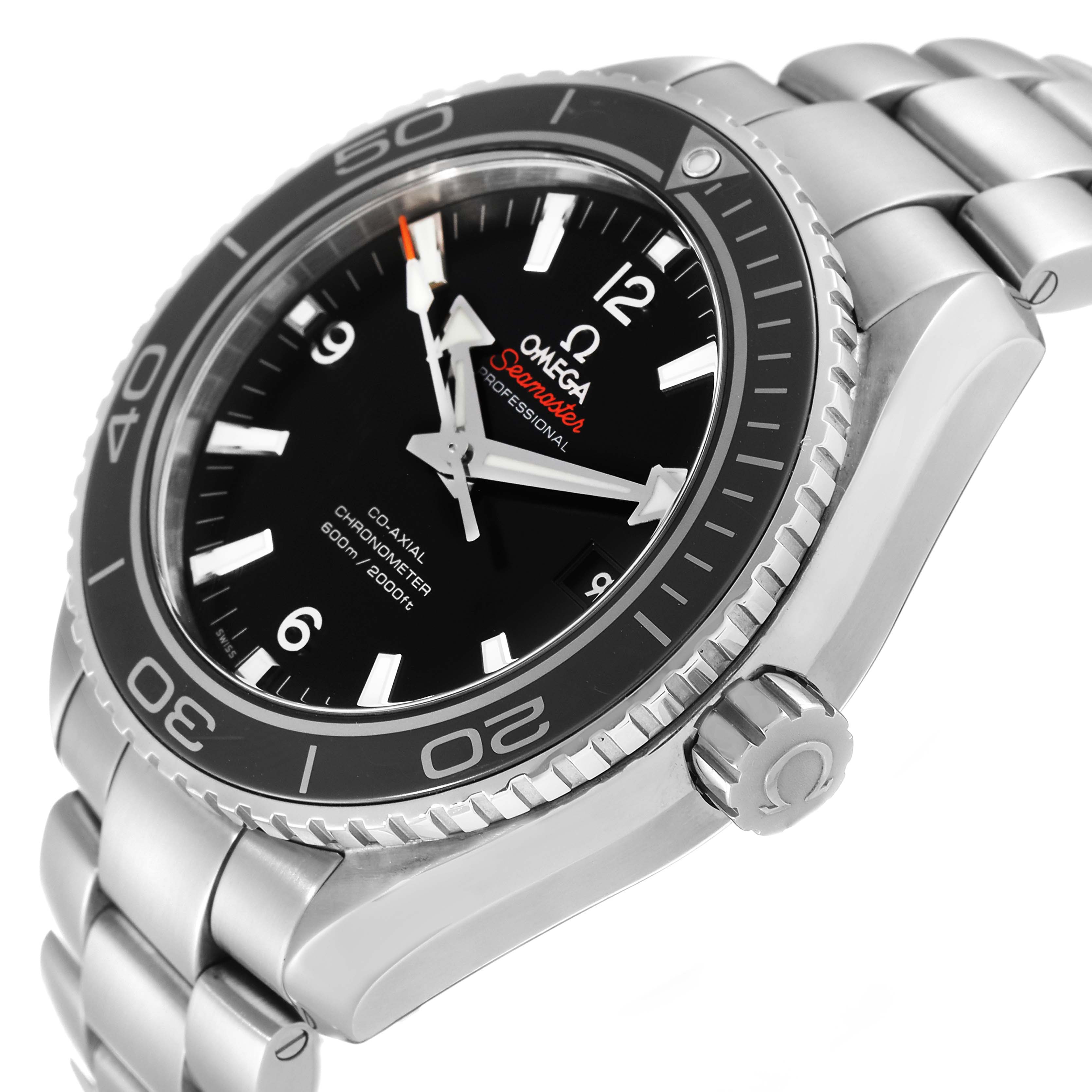 The Omega Planet Ocean 232.30.46.21.01.001 Men
s Stainless Steel Black Dial 232.30.46.21.01.001 Men
s Stainless Steel Black Dial watch is shown from a front angle highlighting its bezel, crown, and bracelet.