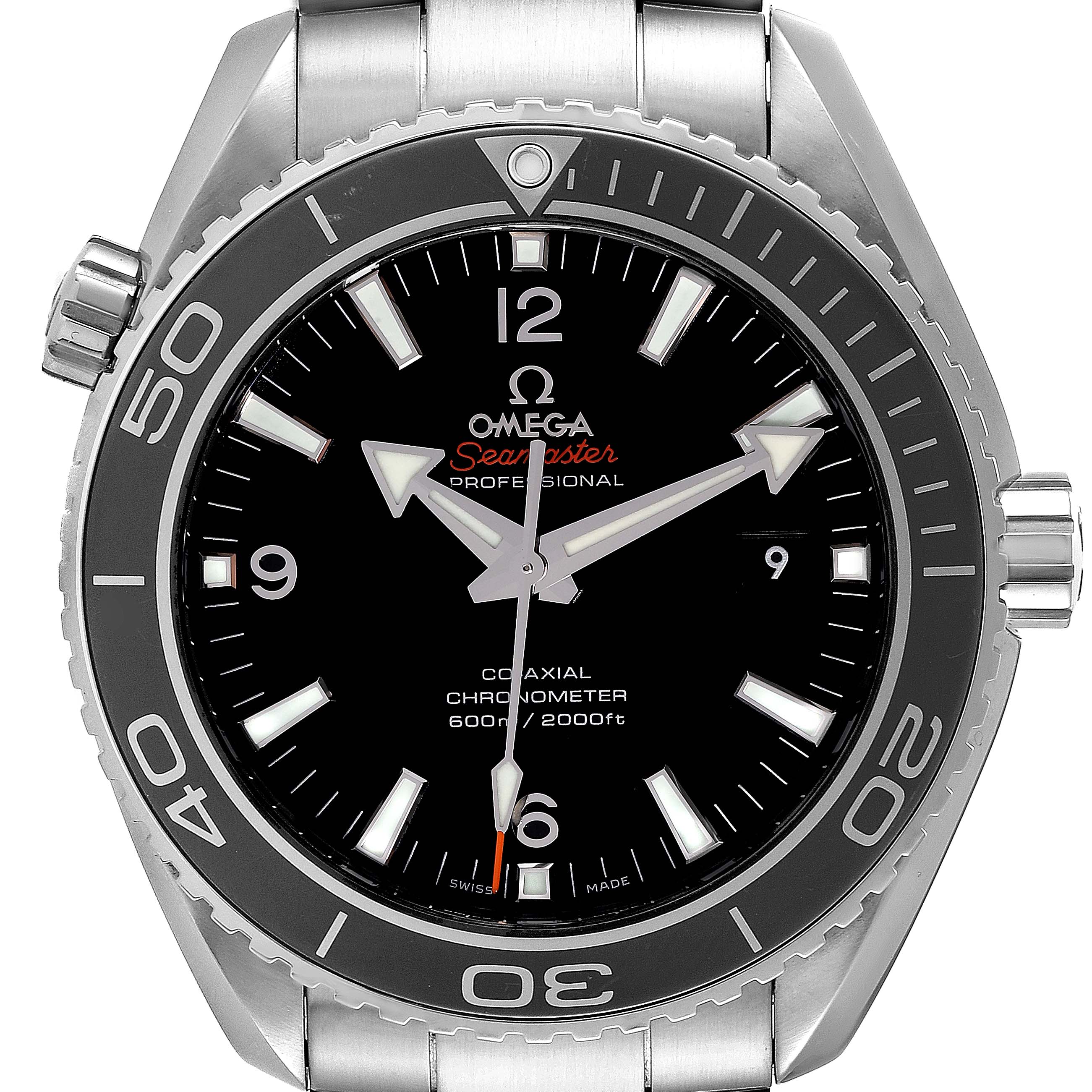 The image shows a front view of the Omega Planet Ocean 232.30.46.21.01.001 Men
s Stainless Steel Black Dial 232.30.46.21.01.001 Men
s Stainless Steel Black Dial model watch, highlighting the dial, bezel, and stainless steel band.