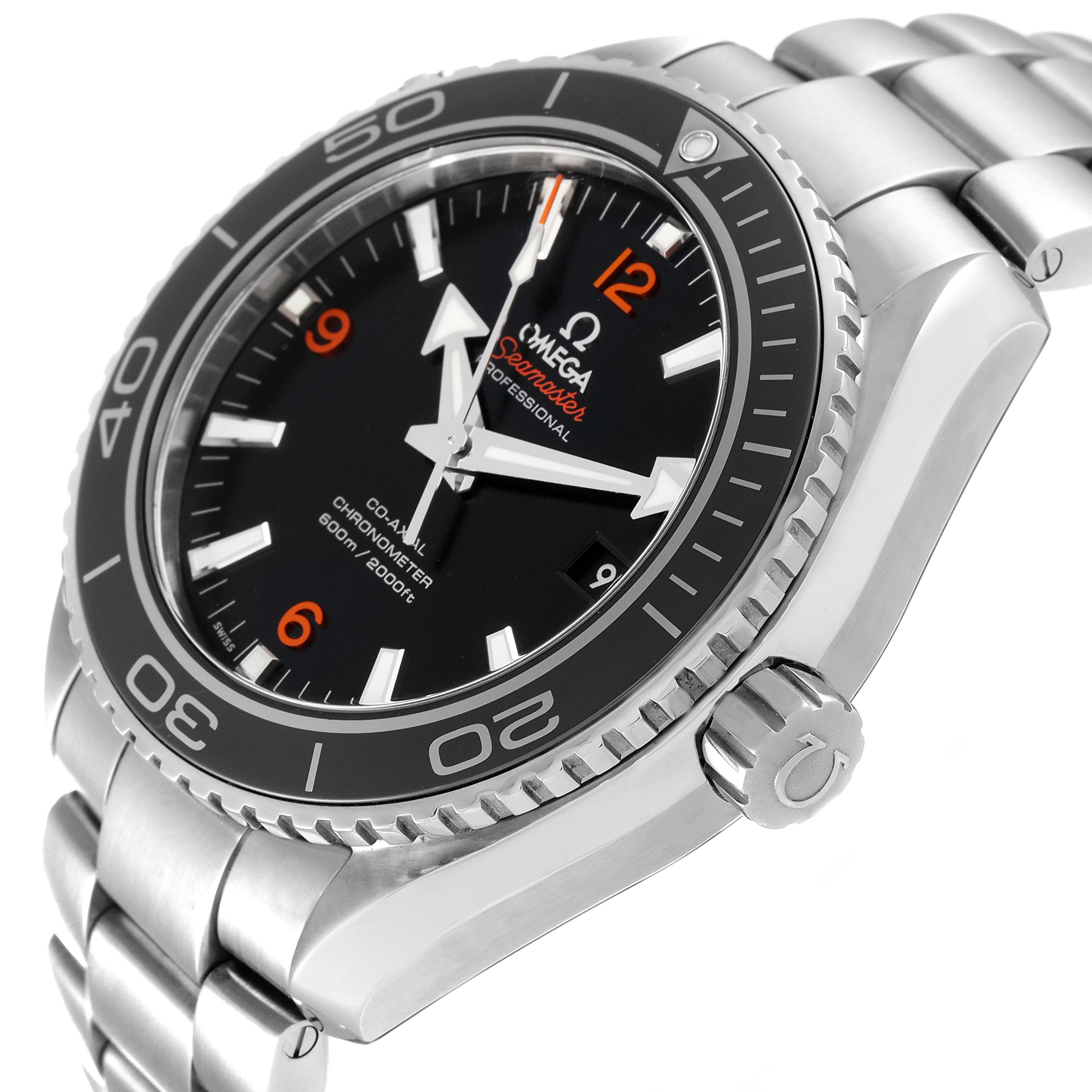 The image shows a side angle of the Omega Planet Ocean 232.30.46.21.01.003 Men
s Stainless Steel Black Dial 232.30.46.21.01.003 Men
s Stainless Steel Black Dial watch, highlighting its bezel, dial, hands, crown, and bracelet.