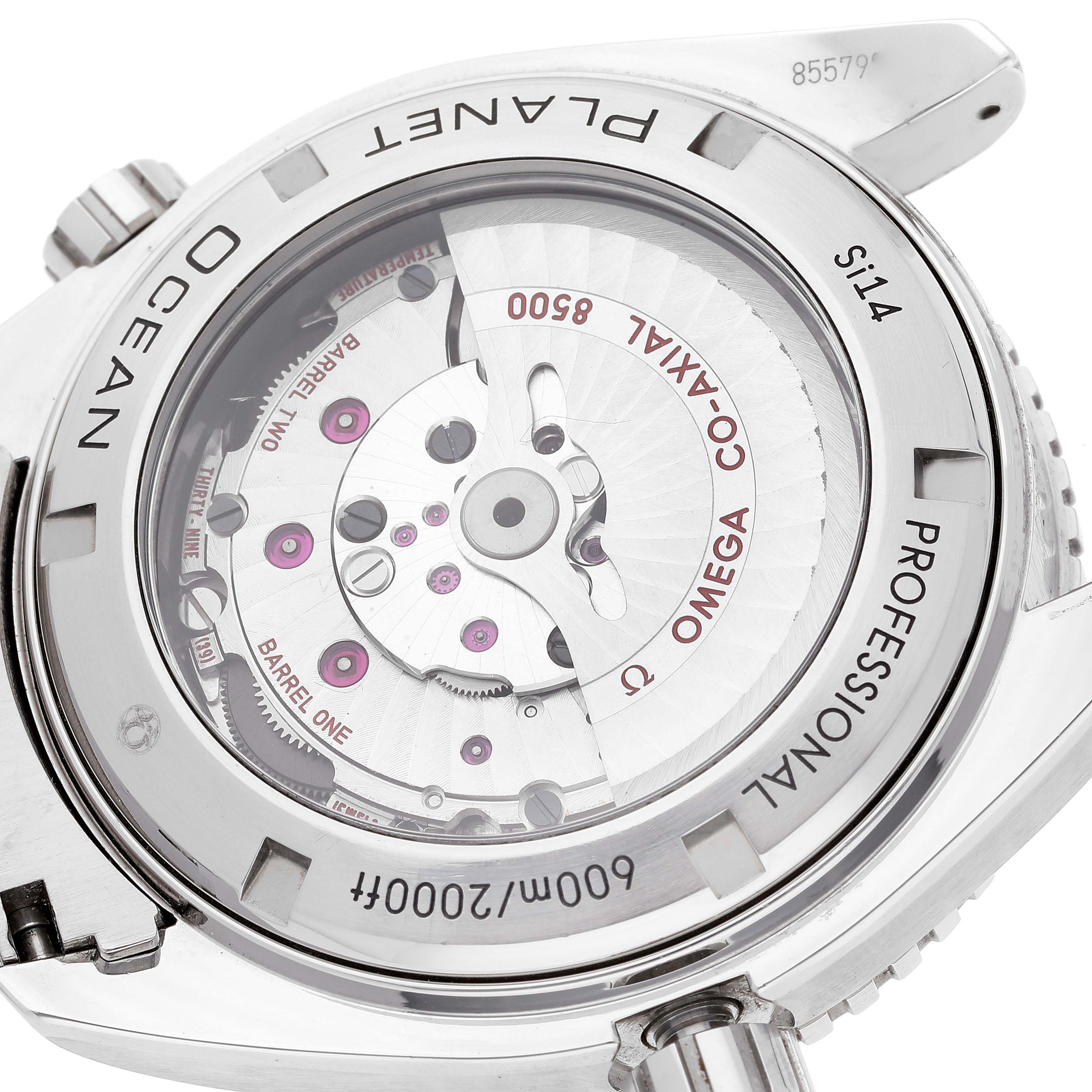 The image shows the back view of the Omega Planet Ocean 232.30.46.21.01.003 Men
s Stainless Steel Black Dial 232.30.46.21.01.003 Men
s Stainless Steel Black Dial model, highlighting its 8500 Co-Axial movement and inner mechanisms.