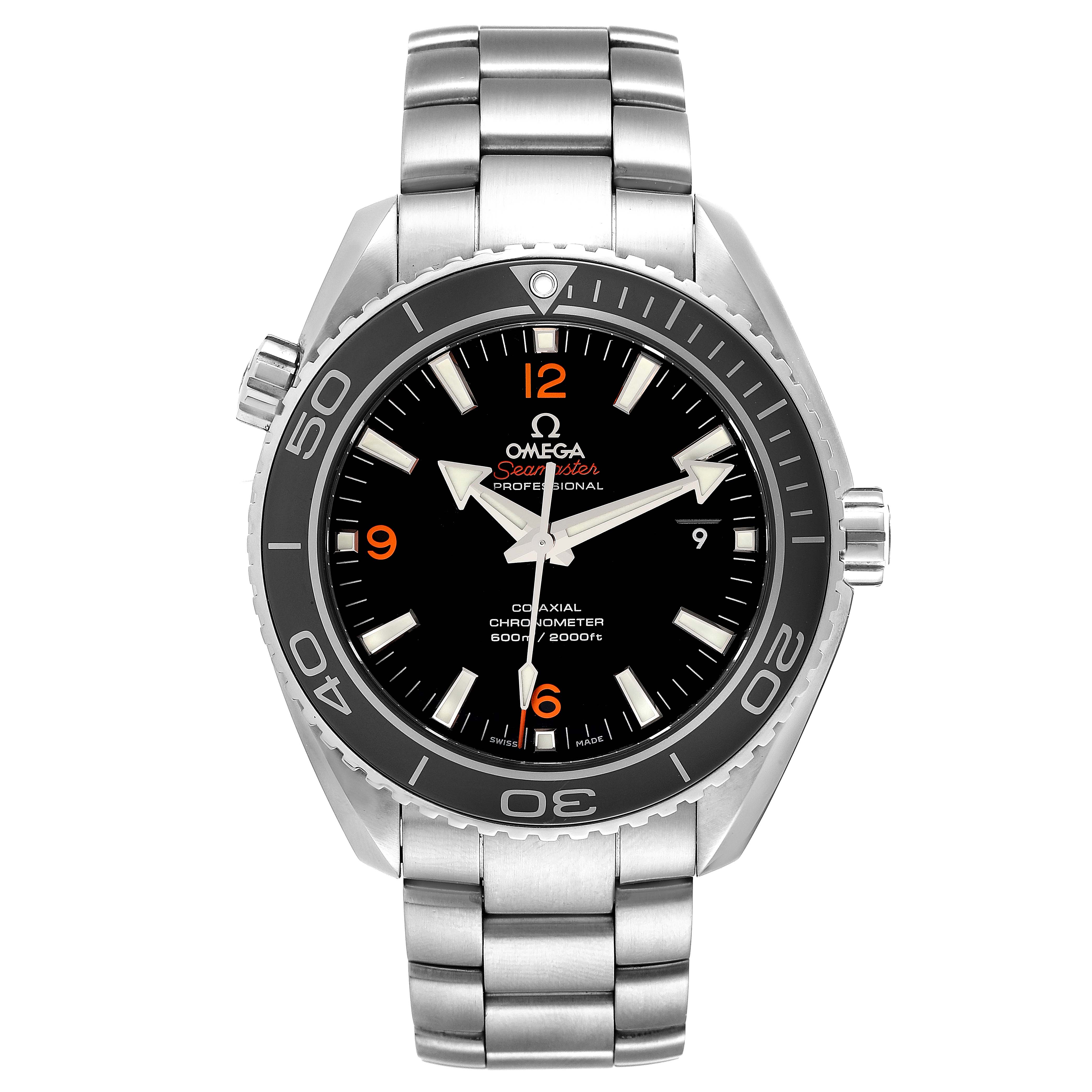 The image shows a front view of the Omega Planet Ocean 232.30.46.21.01.003 Men
s Stainless Steel Black Dial 232.30.46.21.01.003 Men
s Stainless Steel Black Dial watch, highlighting its face, bezel, and metal bracelet.