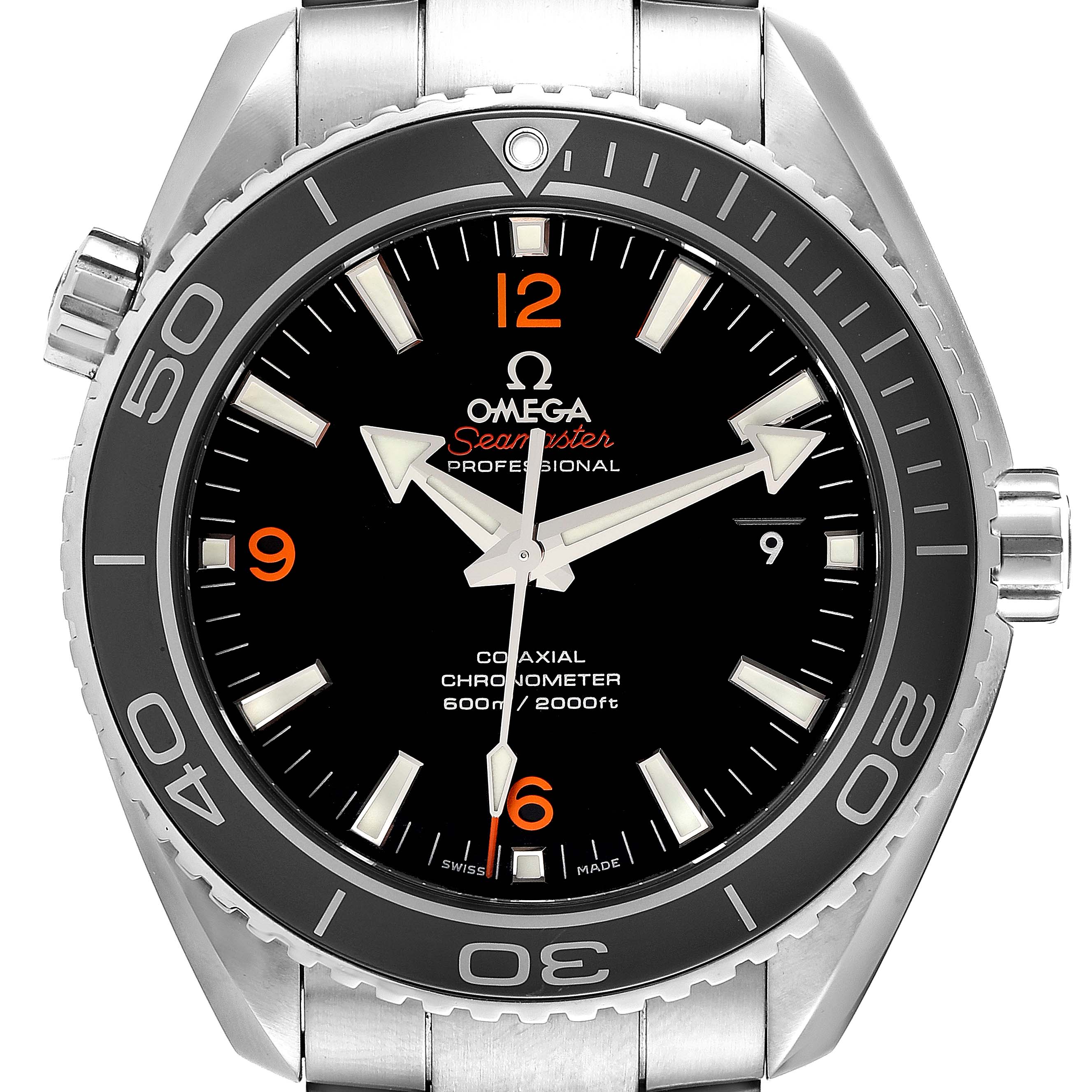 The image shows a front view of the Omega Seamaster Planet Ocean watch, displaying its dial, bezel, and crown.