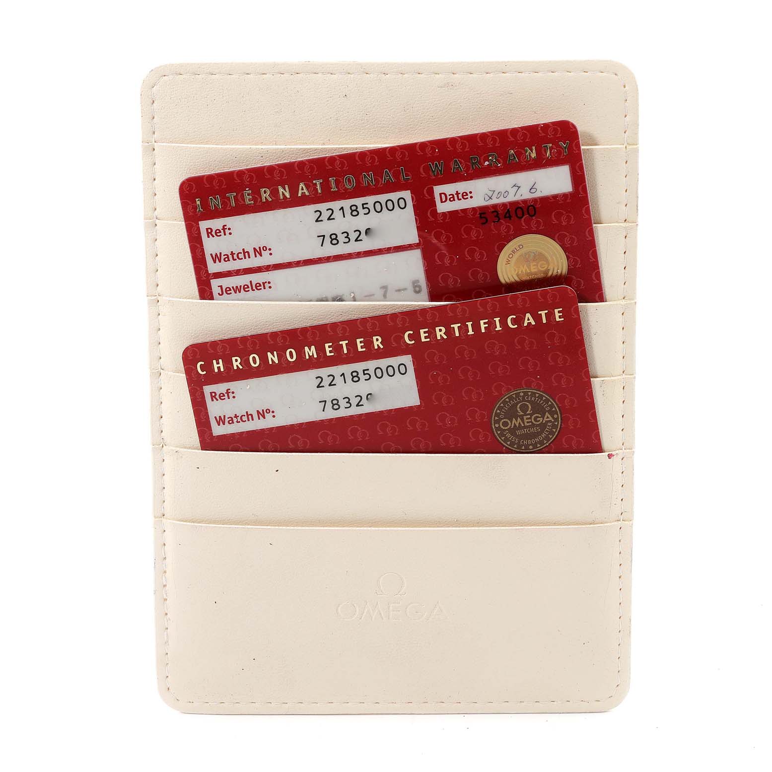 This image shows International Warranty and Chronometer Certificate cards for an Omega Planet Ocean 2218.50.00 Men
s Stainless Steel Black Dial 2218.50.00 Men
s Stainless Steel Black Dial model watch in a white cardholder.