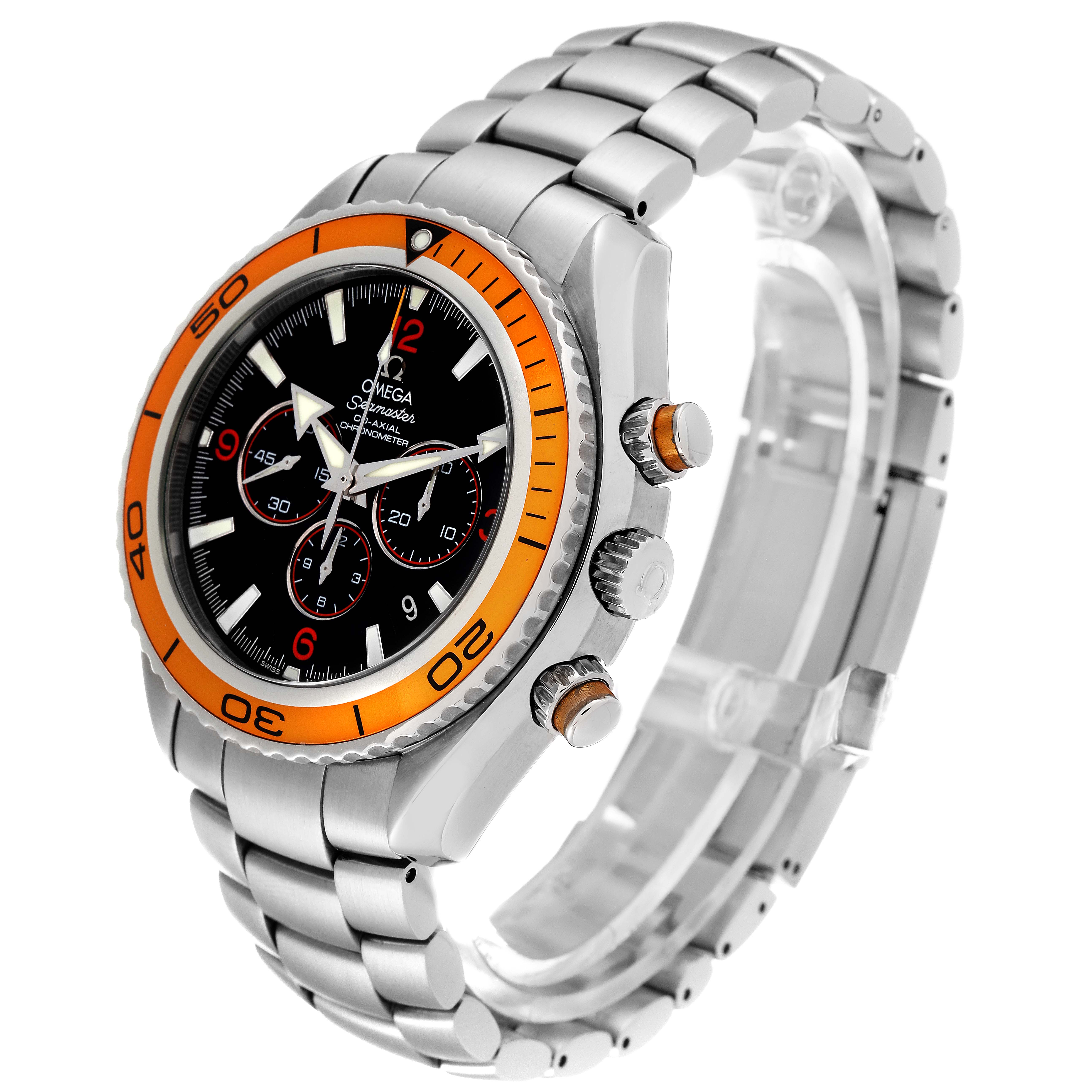 This Omega Planet Ocean 2218.50.00 Men
s Stainless Steel Black Dial 2218.50.00 Men
s Stainless Steel Black Dial watch is shown at a three-quarter angle, displaying the face, bezel, and bracelet.