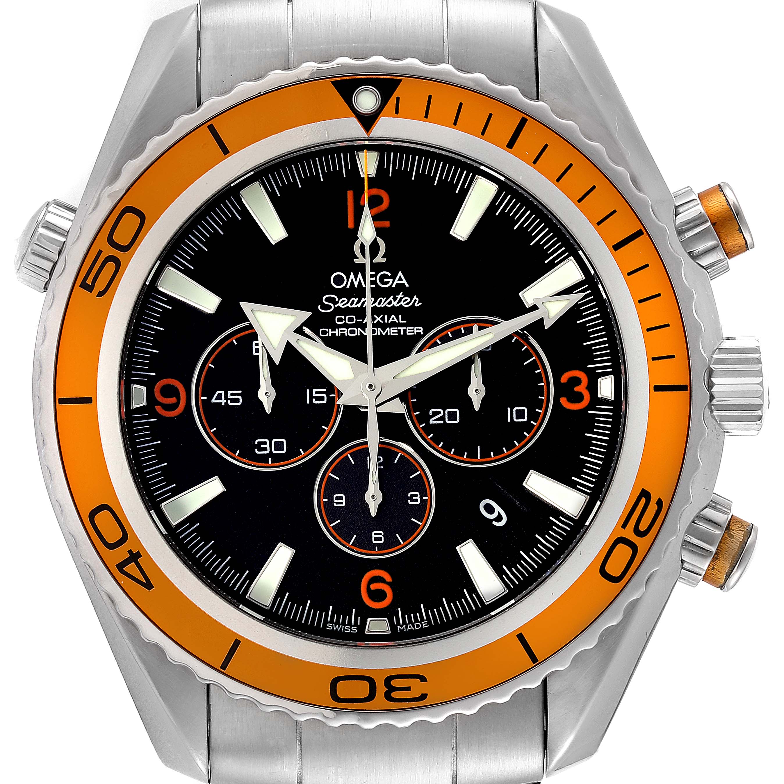 This image shows a front view of the Omega Planet Ocean 2218.50.00 Men
s Stainless Steel Black Dial 2218.50.00 Men
s Stainless Steel Black Dial Seamaster chronograph watch.