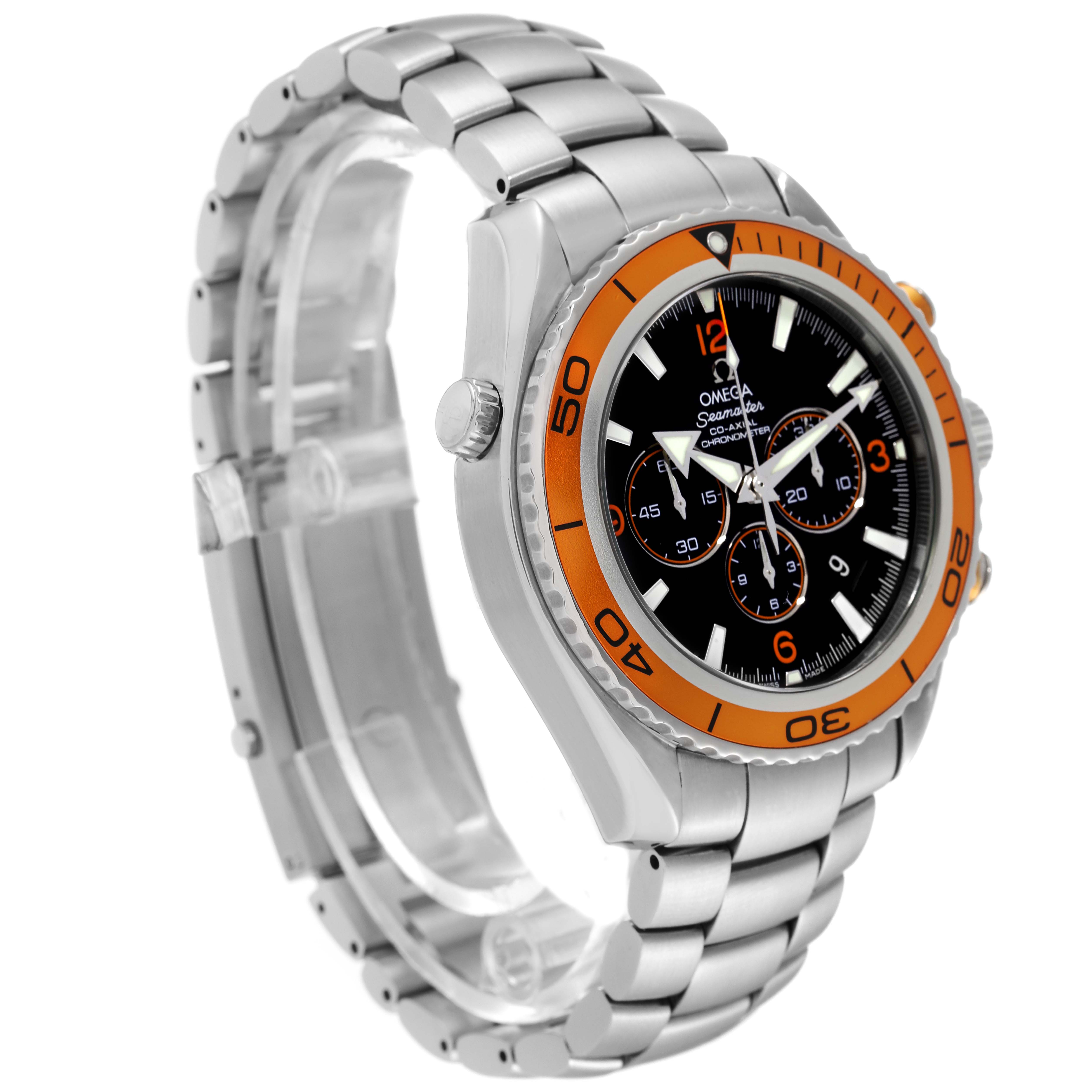 The Omega Planet Ocean 2218.50.00 Men
s Stainless Steel Black Dial 2218.50.00 Men
s Stainless Steel Black Dial watch is shown at a three-quarter angle, highlighting the bracelet, bezel, and face with subdials.