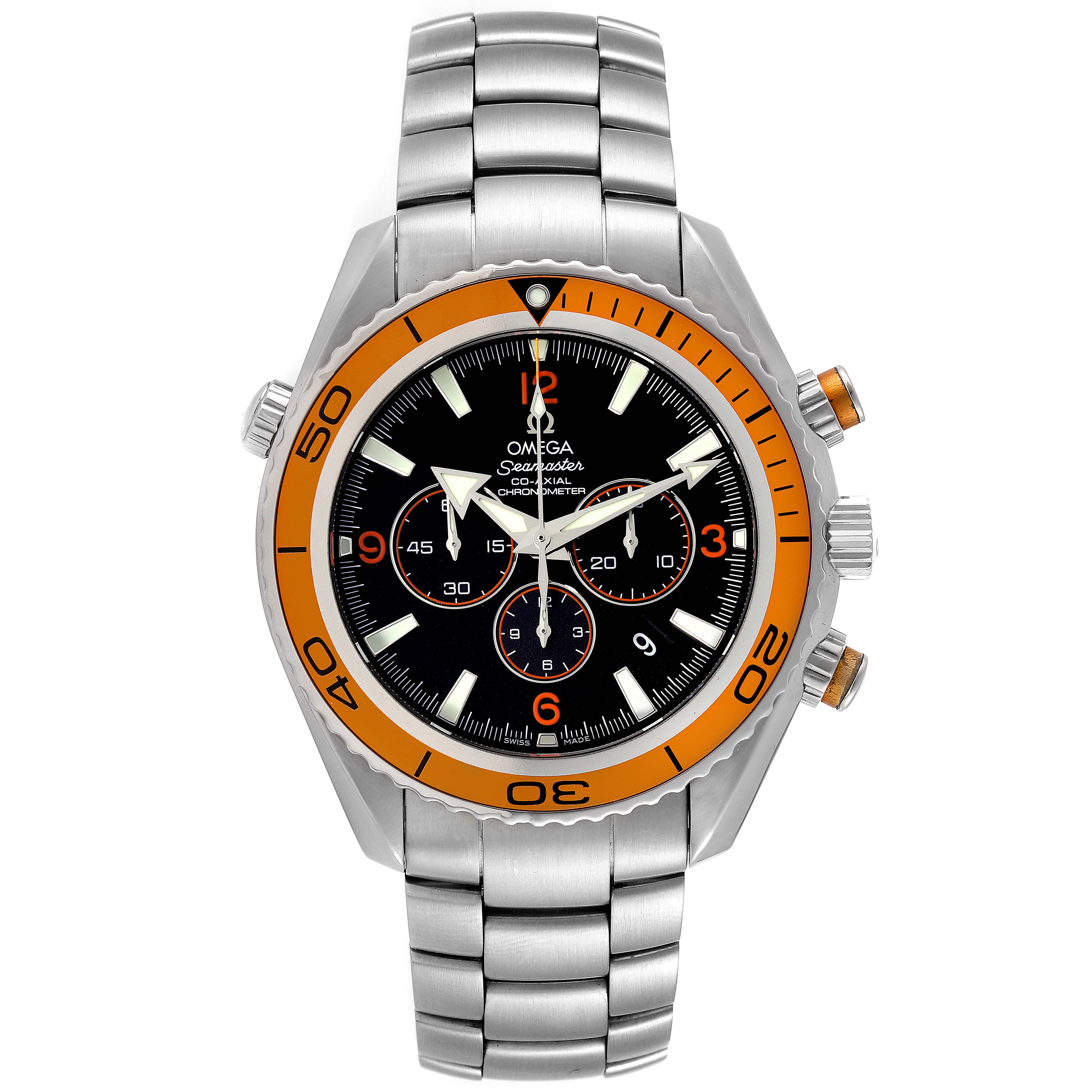 The Omega Planet Ocean 2218.50.00 Men
s Stainless Steel Black Dial 2218.50.00 Men
s Stainless Steel Black Dial watch is displayed from the front, showcasing its bezel, dial, and stainless steel bracelet.