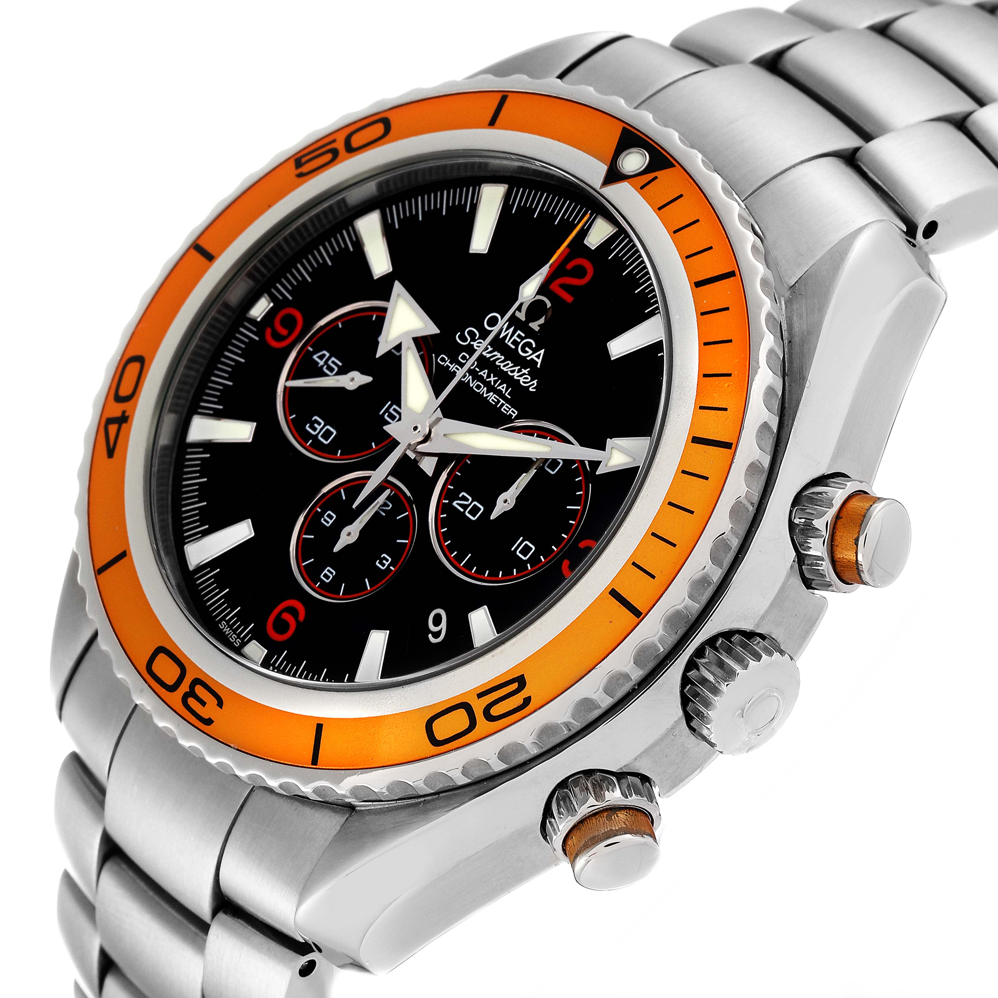 The Omega Planet Ocean 2218.50.00 Men
s Stainless Steel Black Dial 2218.50.00 Men
s Stainless Steel Black Dial watch is shown at an angle highlighting the face, bezel, crowns, and part of the bracelet.