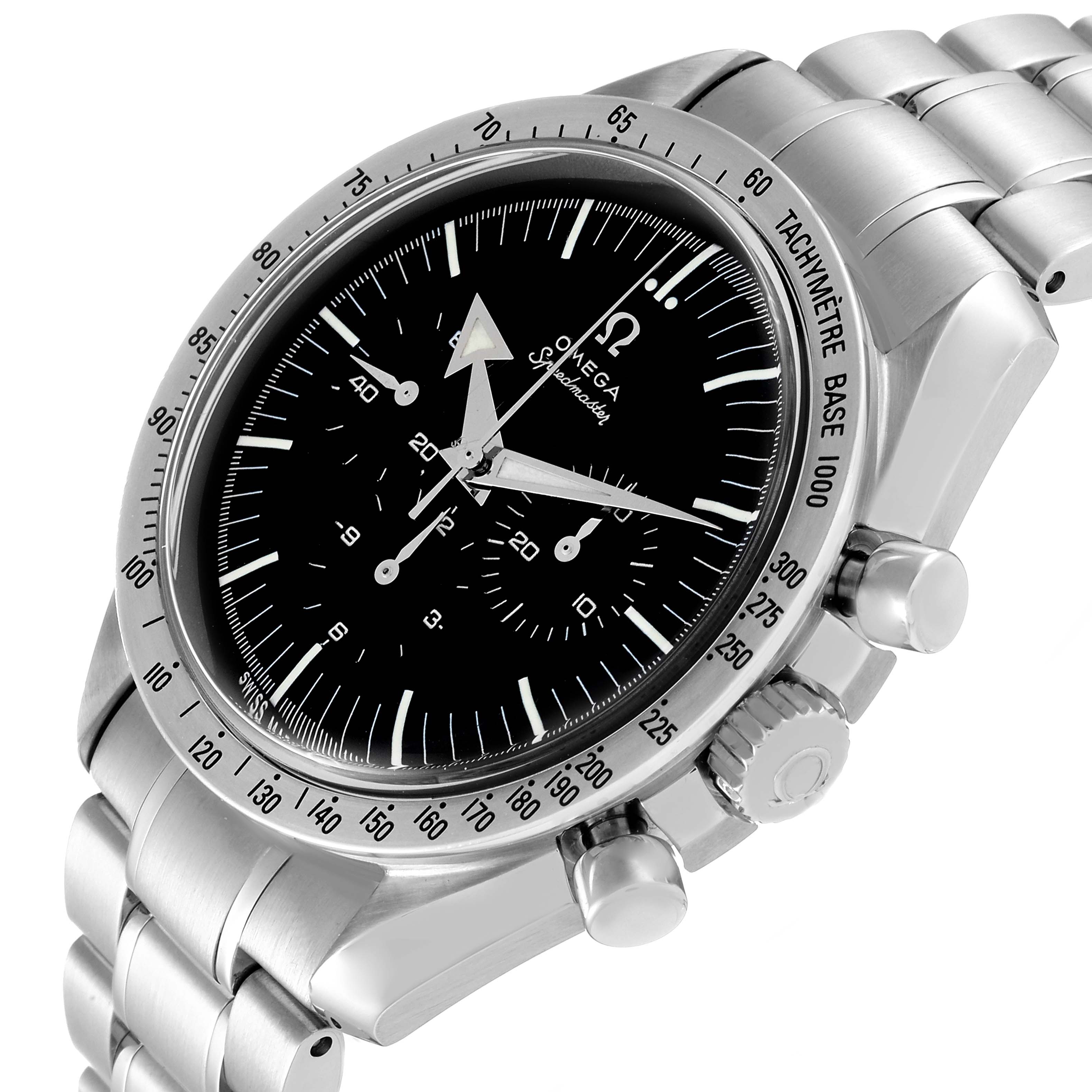 The image shows an Omega Speedmaster 3594.50.00 Men
s Stainless Steel Black Dial 3594.50.00 Men
s Stainless Steel Black Dial watch at an angle, highlighting the face, tachymeter bezel, crown, and pushers.