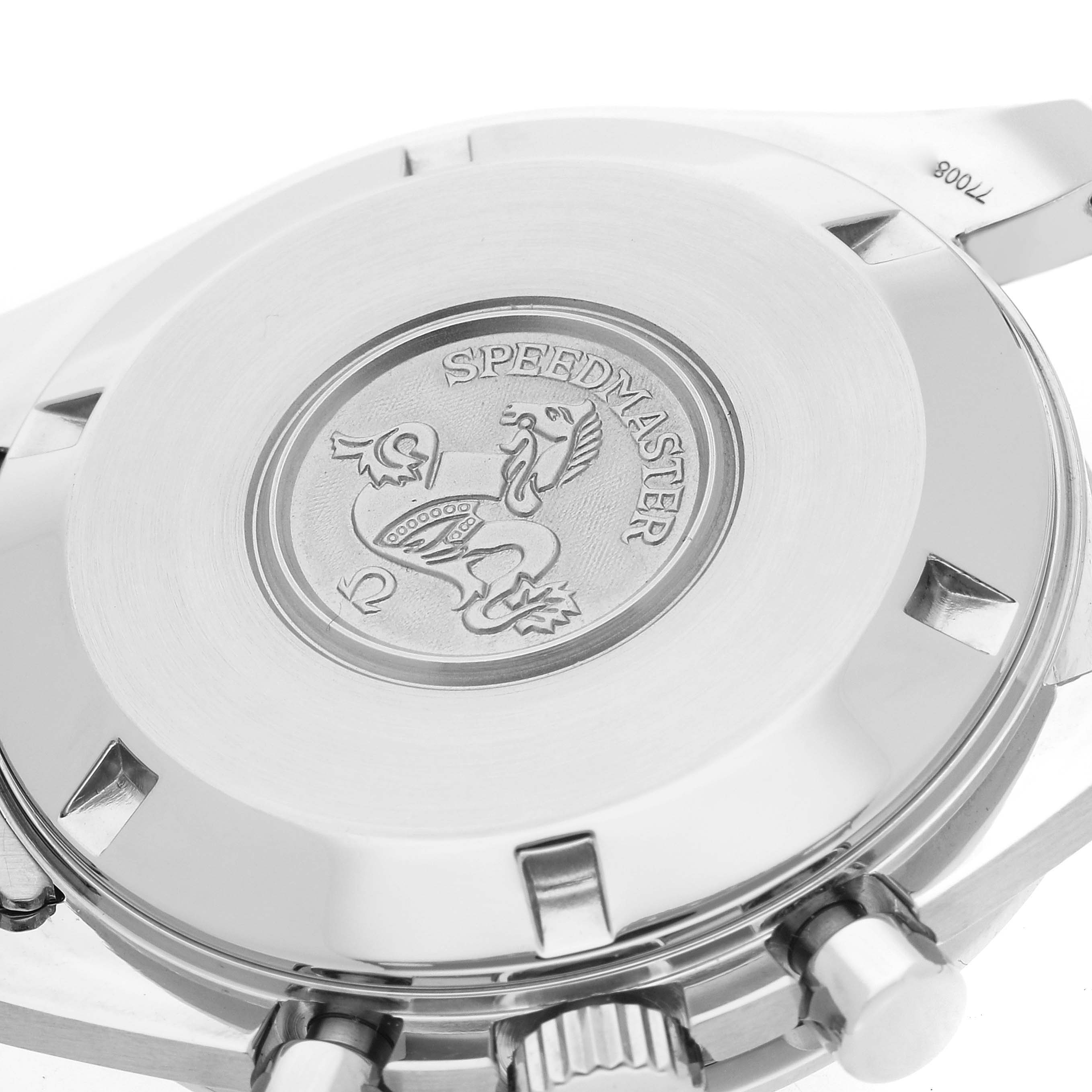 This image shows the back case, crown, and pushers of an Omega Speedmaster 3594.50.00 Men
s Stainless Steel Black Dial 3594.50.00 Men
s Stainless Steel Black Dial watch at an oblique angle.