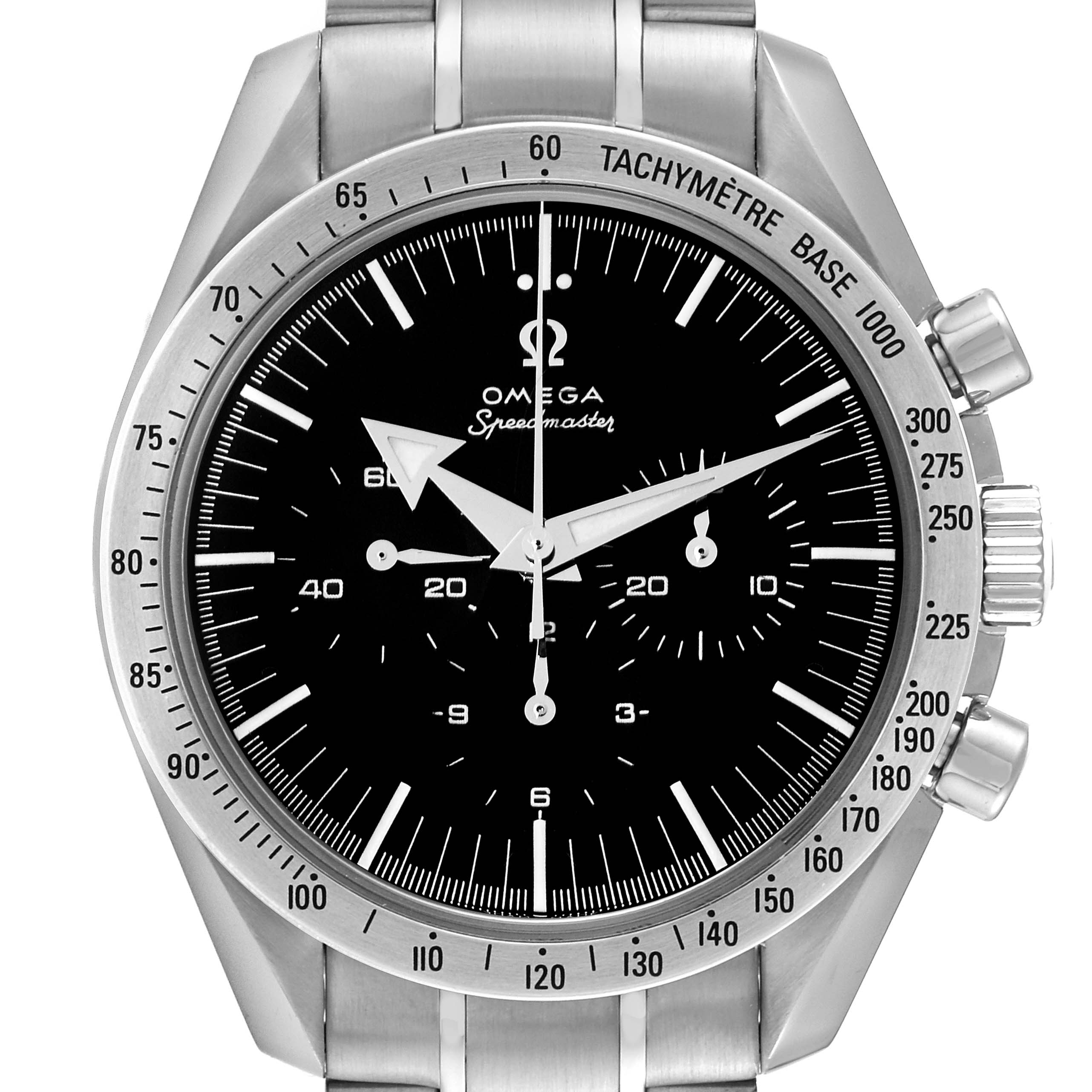 This is a front view of the Omega Speedmaster 3594.50.00 Men
s Stainless Steel Black Dial 3594.50.00 Men
s Stainless Steel Black Dial watch, showing the dial, bezel with tachymeter scale, and chronograph pushers.