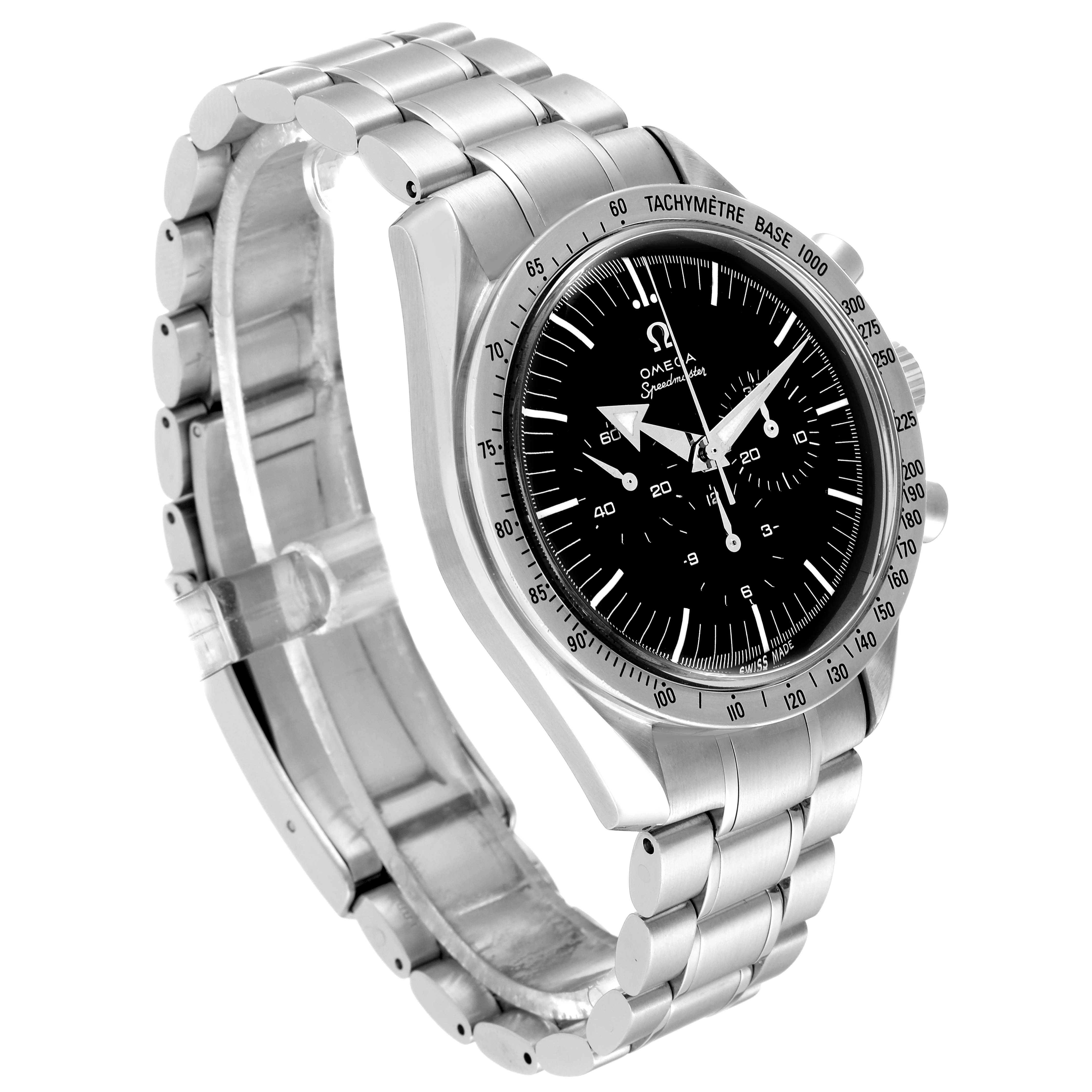 The Omega Speedmaster 3594.50.00 Men
s Stainless Steel Black Dial 3594.50.00 Men
s Stainless Steel Black Dial watch is shown at an angled view highlighting its face, case, and metal bracelet.