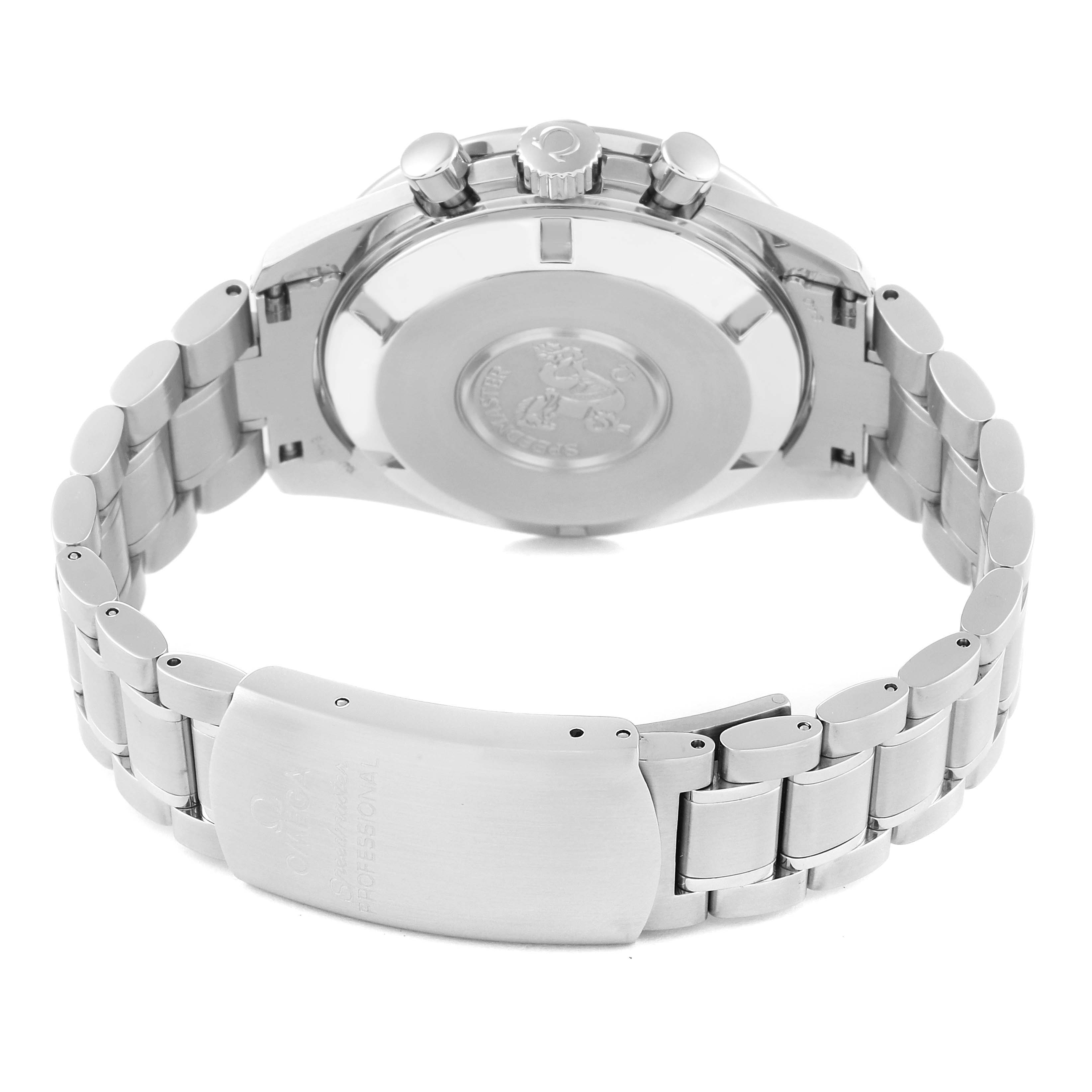 The image shows the back view of the Omega Speedmaster 3594.50.00 Men
s Stainless Steel Black Dial 3594.50.00 Men
s Stainless Steel Black Dial watch, including the case back, crown, pushers, and bracelet with the clasp.