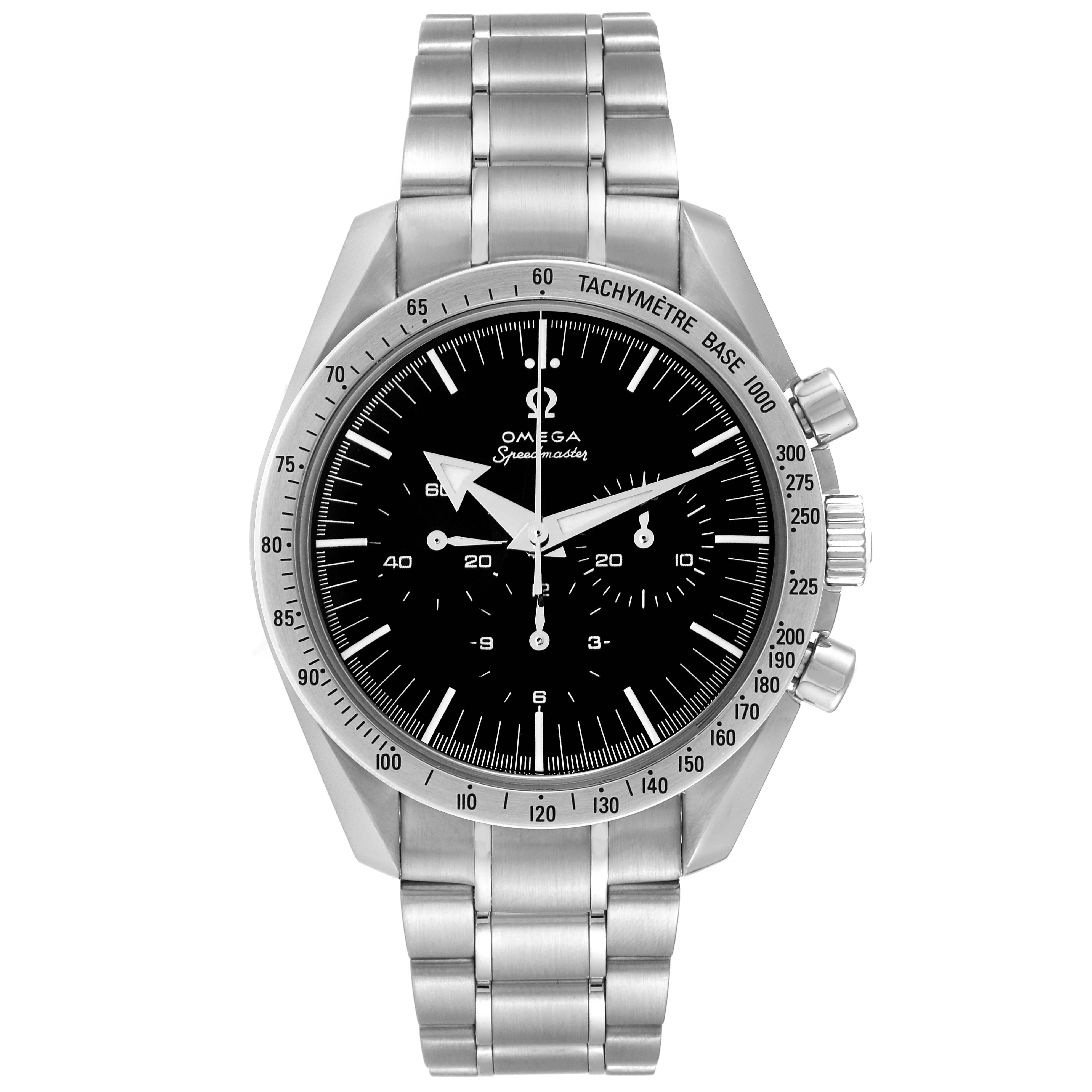 This is a front view of the Omega Speedmaster 3594.50.00 Men
s Stainless Steel Black Dial 3594.50.00 Men
s Stainless Steel Black Dial watch, showing the dial, tachymeter bezel, case, and metal bracelet.