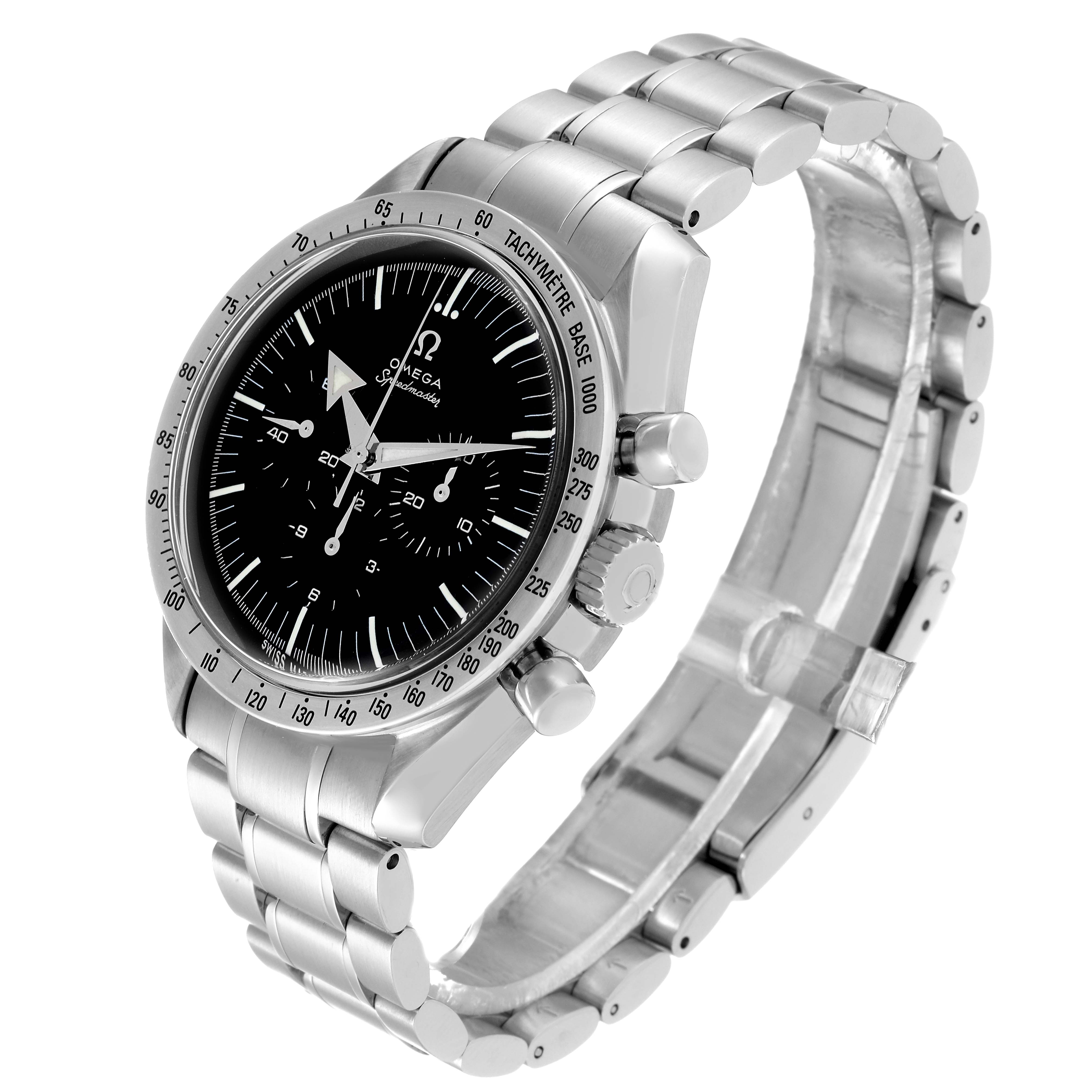 The image shows an Omega Speedmaster 3594.50.00 Men
s Stainless Steel Black Dial 3594.50.00 Men
s Stainless Steel Black Dial watch angled to display the face, bezel, crown, and stainless steel bracelet.