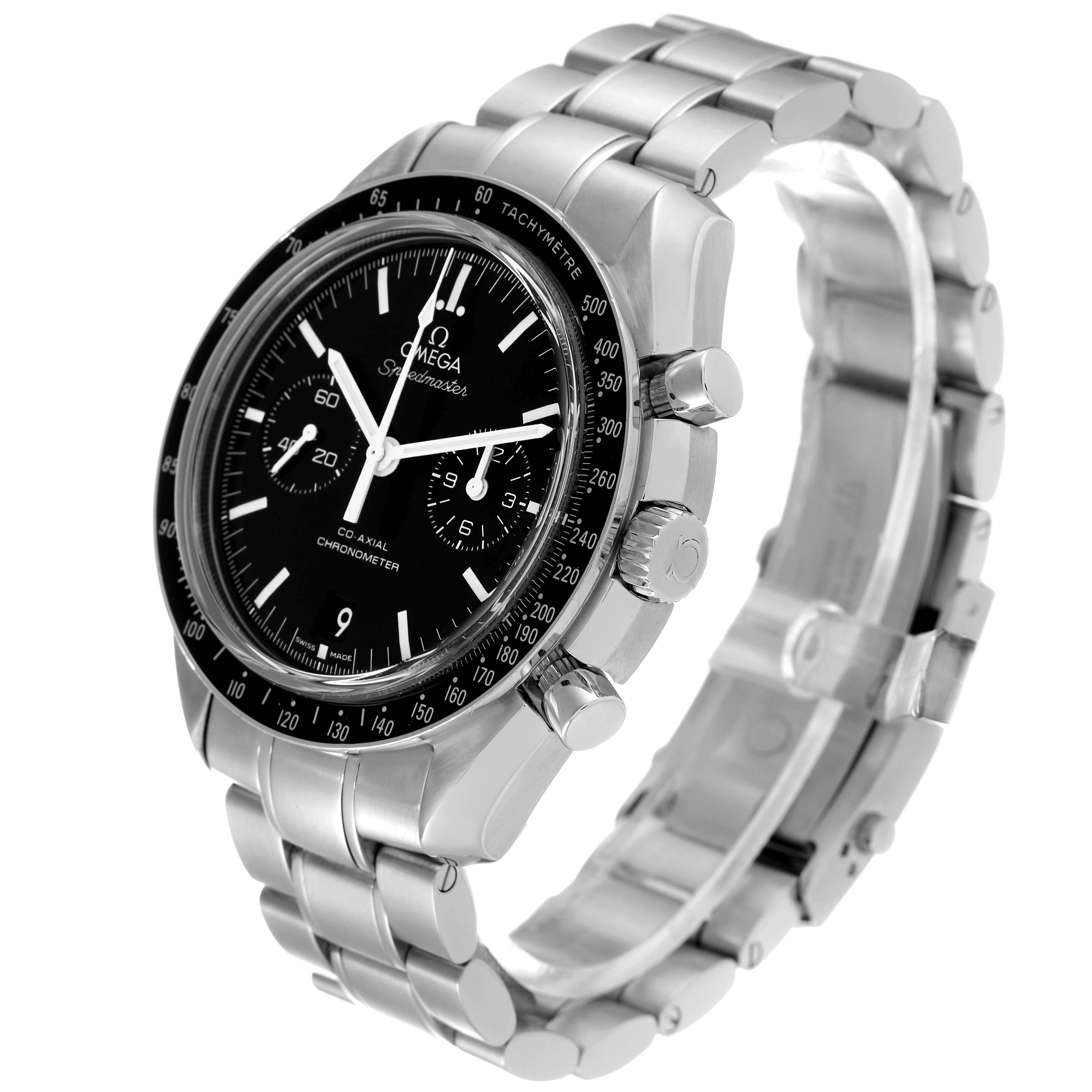 The Omega Speedmaster 311.30.44.51.01.002 Men
s Stainless Steel Black Dial 311.30.44.51.01.002 Men
s Stainless Steel Black Dial watch is shown at a side angle, highlighting its black dial, tachymeter bezel, and stainless steel bracelet.