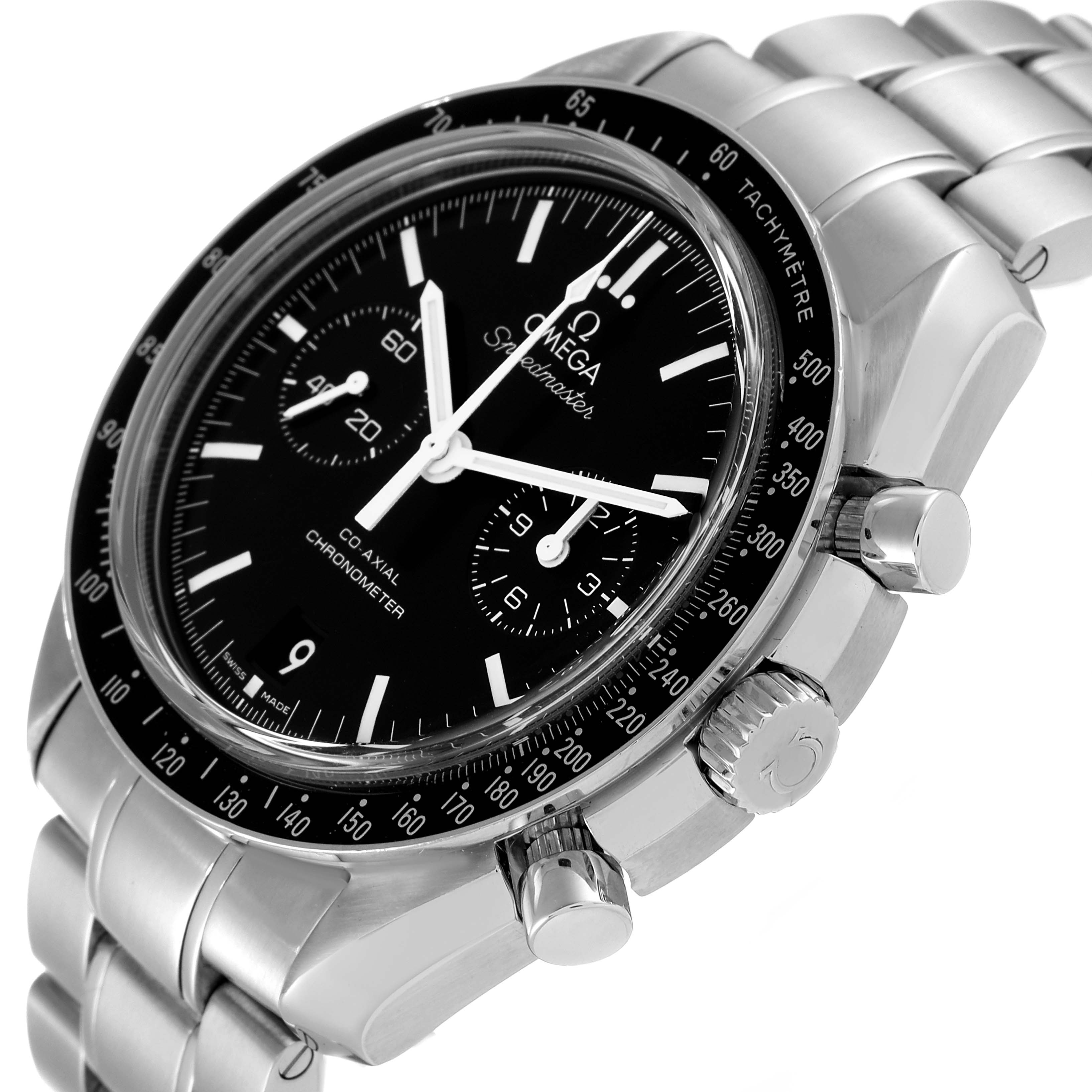 The Omega Speedmaster 311.30.44.51.01.002 Men
s Stainless Steel Black Dial 311.30.44.51.01.002 Men
s Stainless Steel Black Dial watch is shown at an angled close-up, displaying the face, bezel, crown, and part of the bracelet.