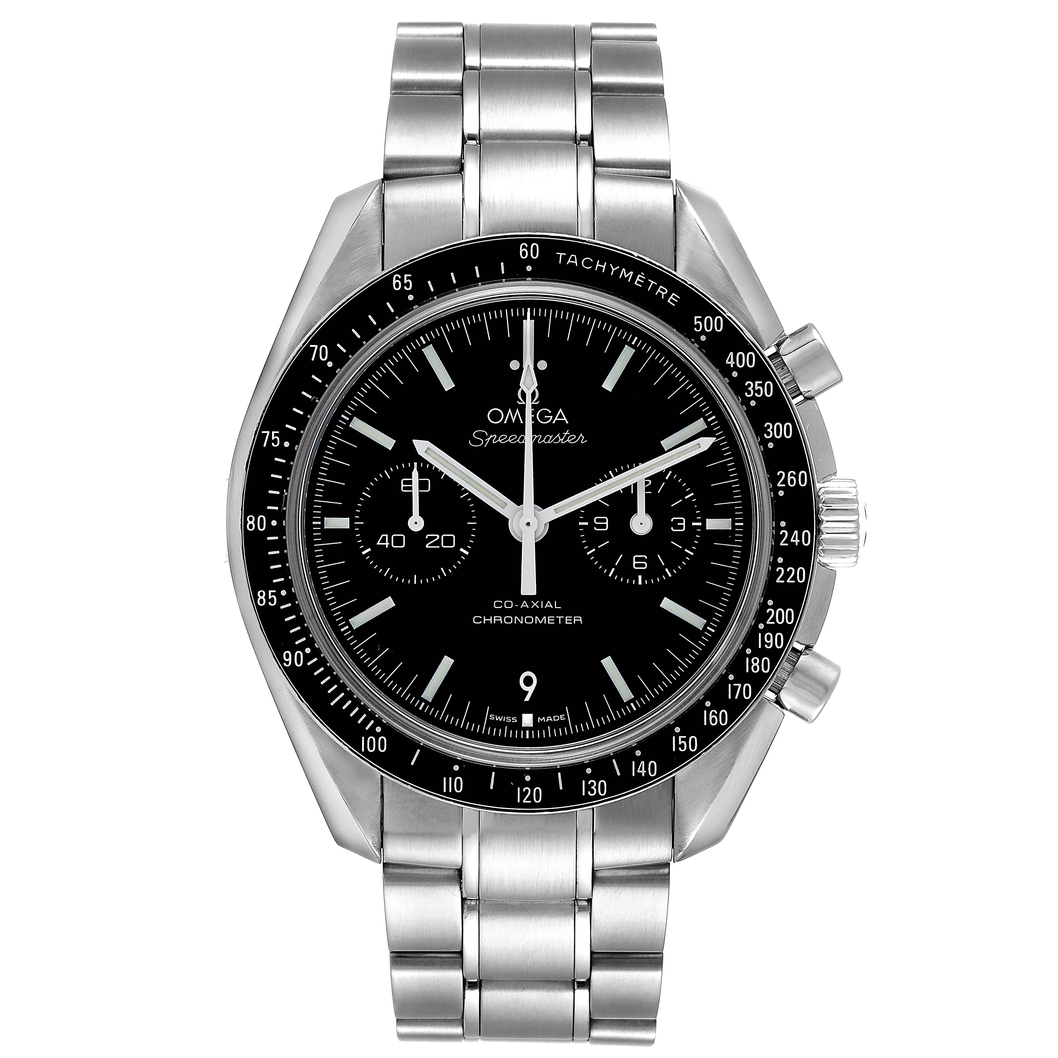The image shows a front view of the Omega Speedmaster 311.30.44.51.01.002 Men
s Stainless Steel Black Dial 311.30.44.51.01.002 Men
s Stainless Steel Black Dial watch, displaying the dial, bezel, chronograph subdials, and stainless steel bracelet.