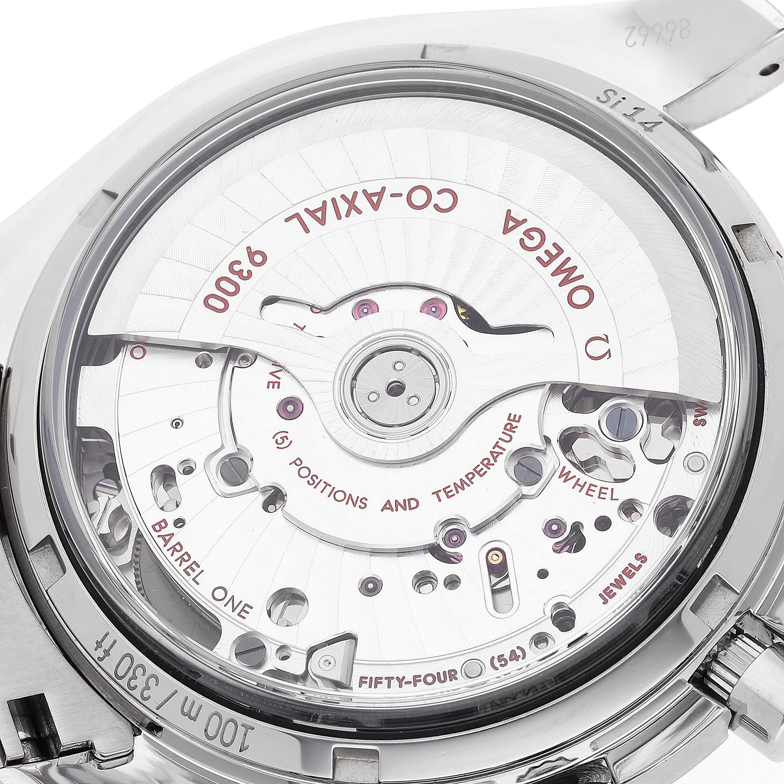 The image shows a close-up of the movement and internal mechanism of the Omega Speedmaster 311.30.44.51.01.002 Men
s Stainless Steel Black Dial 311.30.44.51.01.002 Men
s Stainless Steel Black Dial watch, viewed from the back.