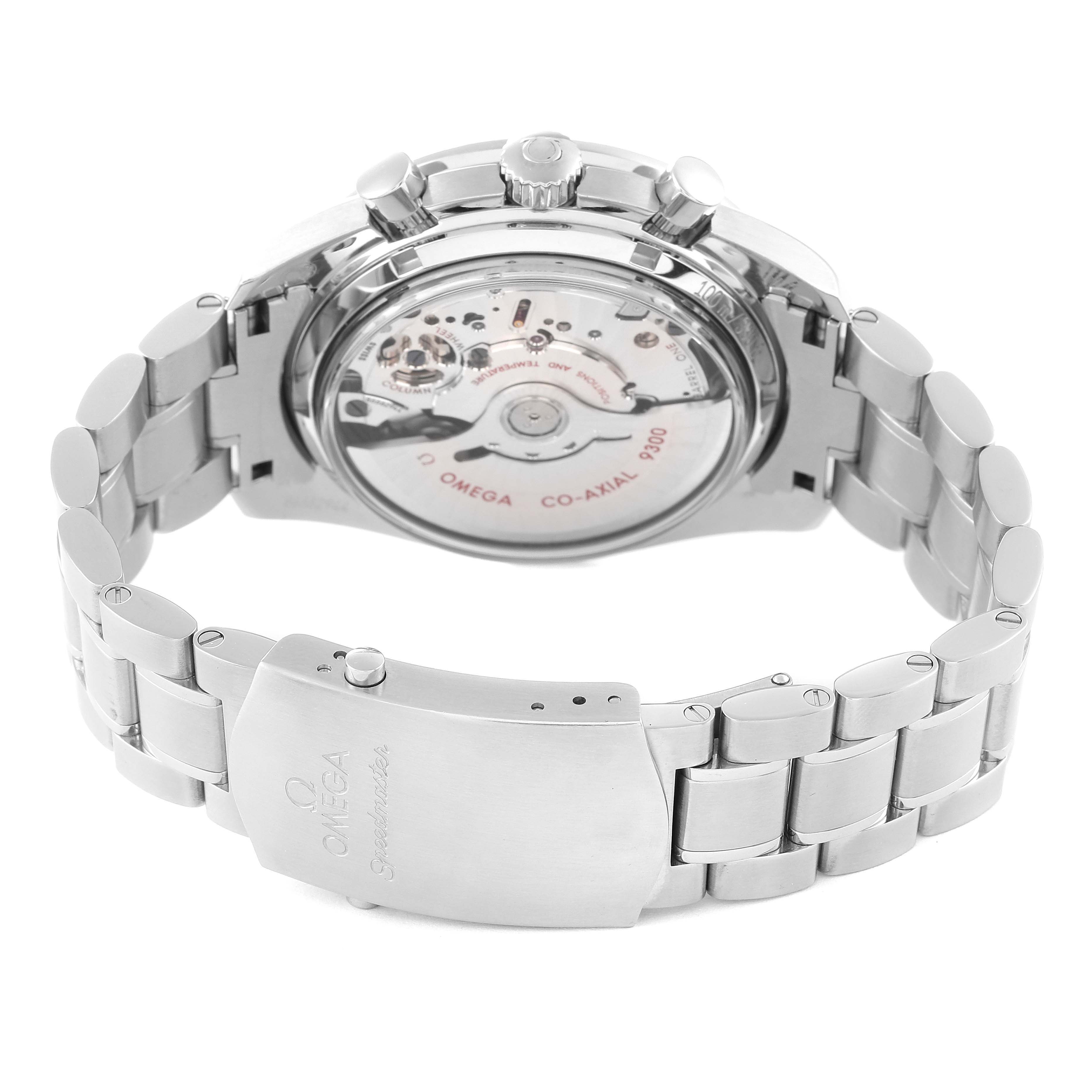 This image shows the back and clasp of an Omega Speedmaster 311.30.44.51.01.002 Men
s Stainless Steel Black Dial 311.30.44.51.01.002 Men
s Stainless Steel Black Dial watch, highlighting the transparent case back and metal bracelet.