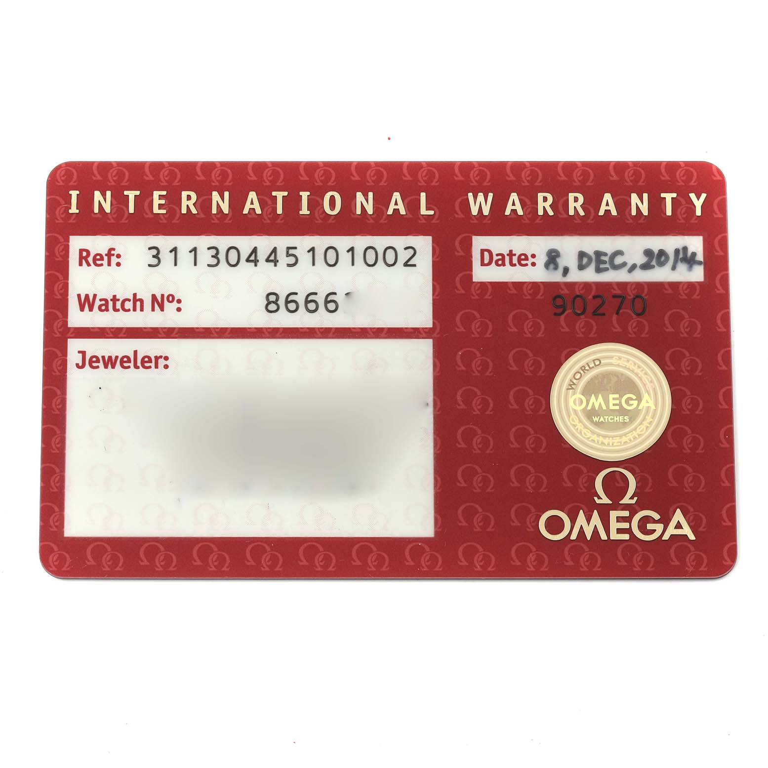 The image shows an Omega Speedmaster 311.30.44.51.01.002 Men
s Stainless Steel Black Dial 311.30.44.51.01.002 Men
s Stainless Steel Black Dial International Warranty card with the reference number, watch number, and purchase date.