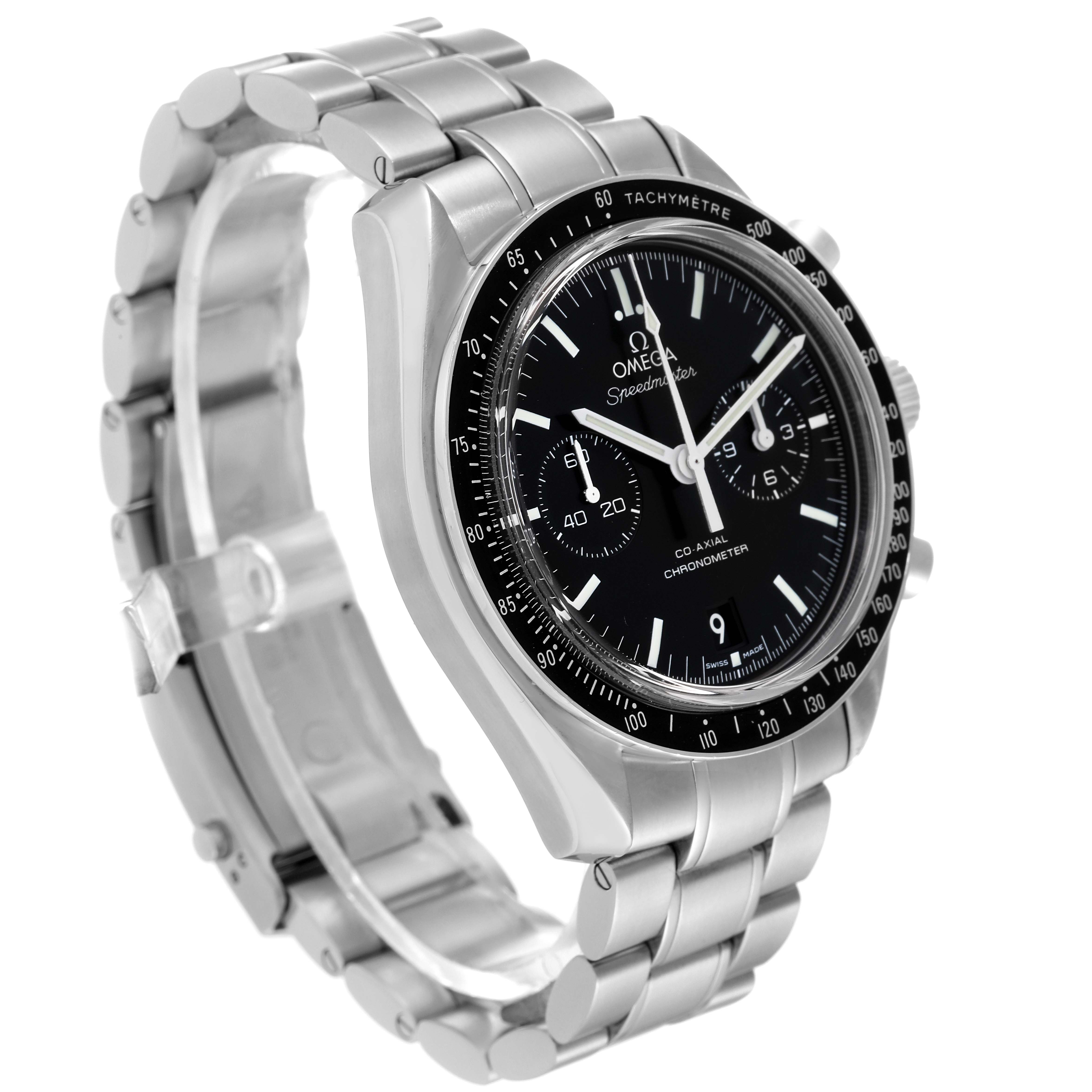 The Omega Speedmaster 311.30.44.51.01.002 Men
s Stainless Steel Black Dial 311.30.44.51.01.002 Men
s Stainless Steel Black Dial watch is shown from a three-quarter angle, displaying its face, bezel, and stainless steel bracelet.