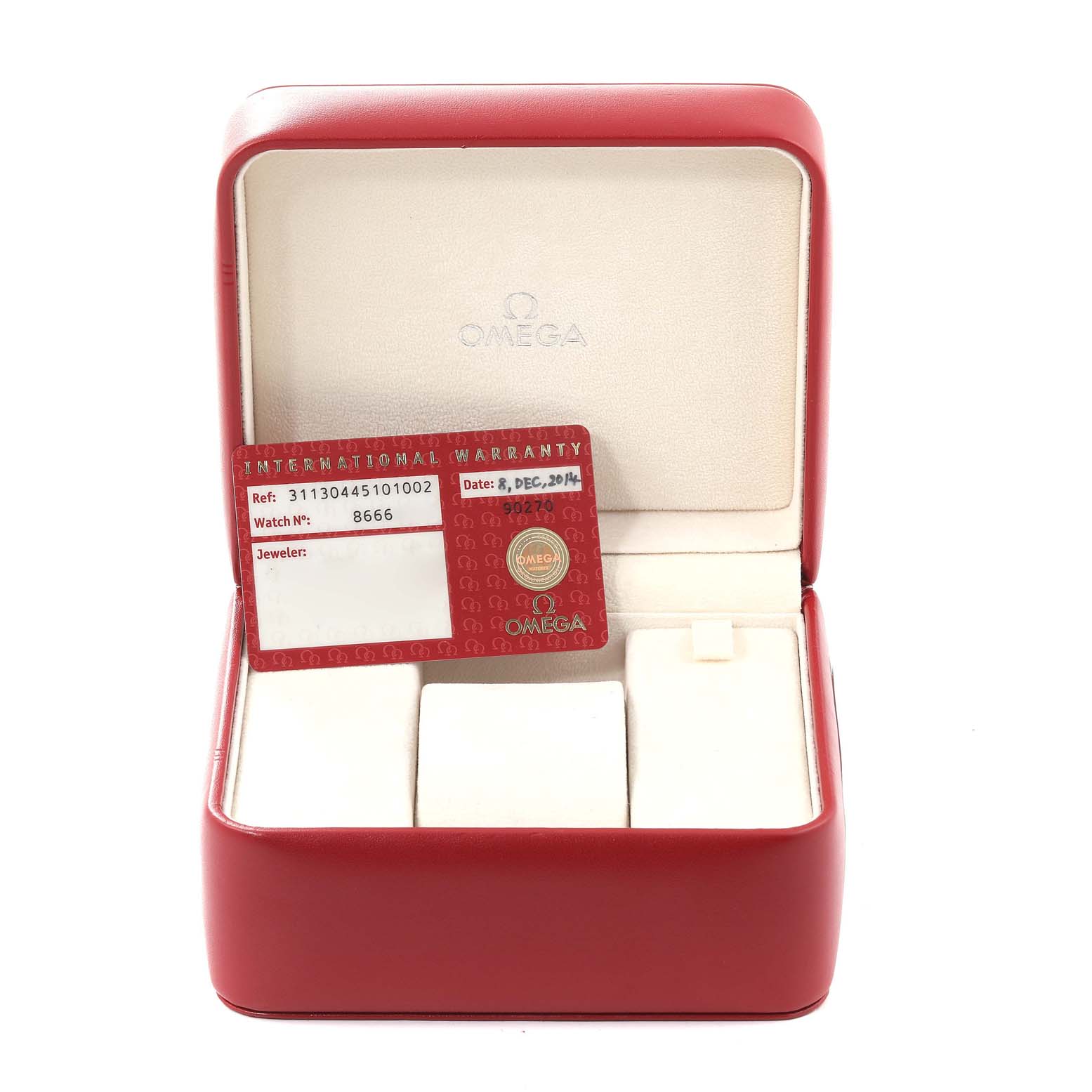 The image shows the packaging and international warranty card for the Omega Speedmaster 311.30.44.51.01.002 Men
s Stainless Steel Black Dial 311.30.44.51.01.002 Men
s Stainless Steel Black Dial watch model.