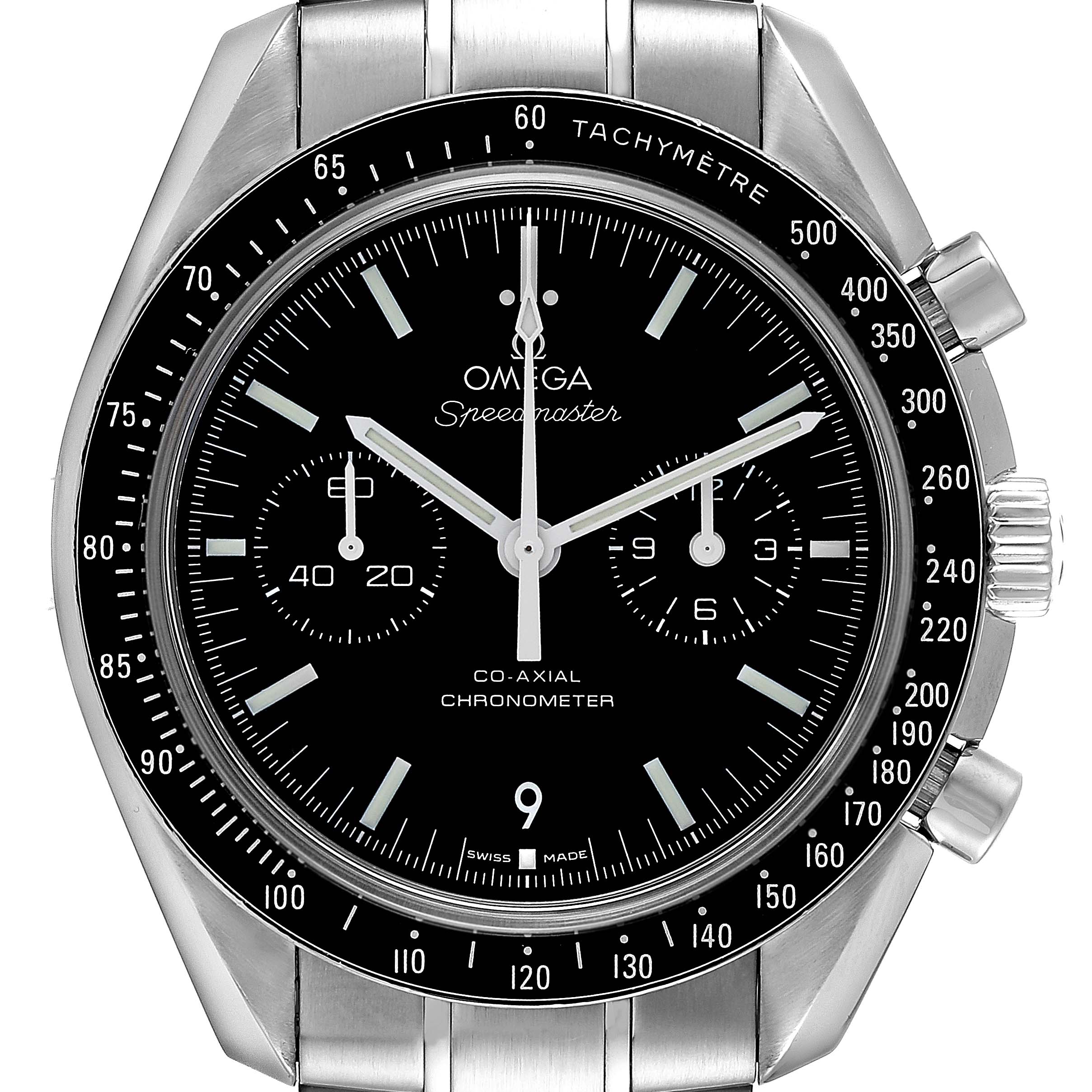 The image shows a front view of an Omega Speedmaster 311.30.44.51.01.002 Men
s Stainless Steel Black Dial 311.30.44.51.01.002 Men
s Stainless Steel Black Dial watch, highlighting its black dial, tachymeter bezel, and chronograph sub-dials.