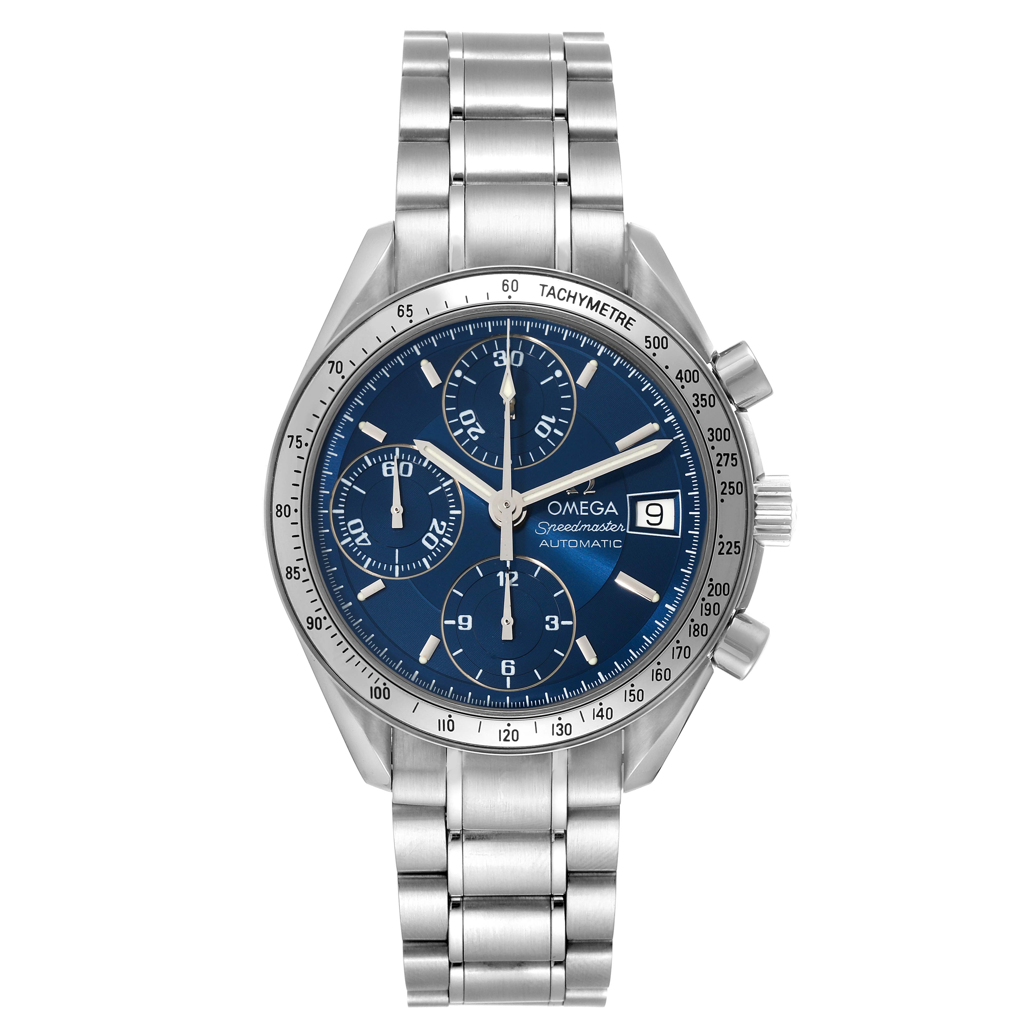 The image shows a frontal view of an Omega Speedmaster 3513.80.00 Men's Stainless Steel Blue Dial 3513.80.00 Men's Stainless Steel Blue Dial watch featuring a blue dial, chronograph subdials, and a stainless steel bracelet.