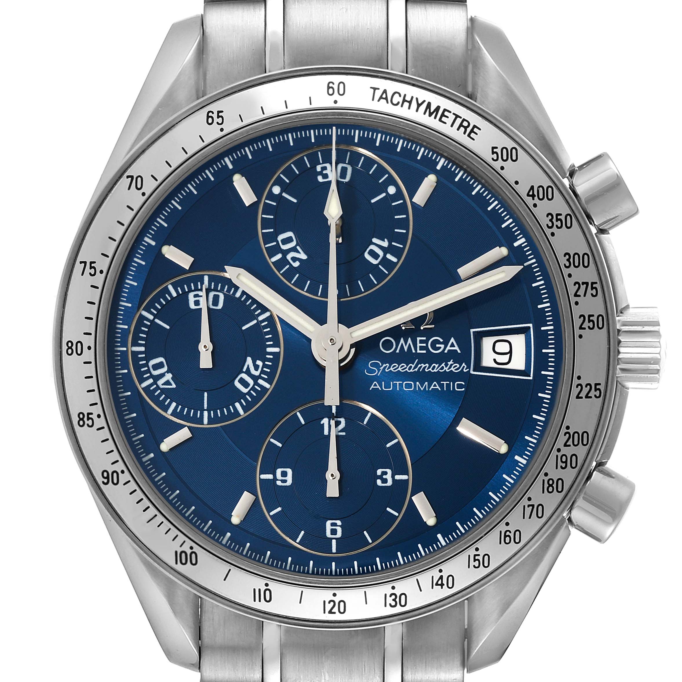 The image shows a front view of an Omega Speedmaster 3513.80.00 Men's Stainless Steel Blue Dial 3513.80.00 Men's Stainless Steel Blue Dial watch displaying the face, date, and tachymeter.