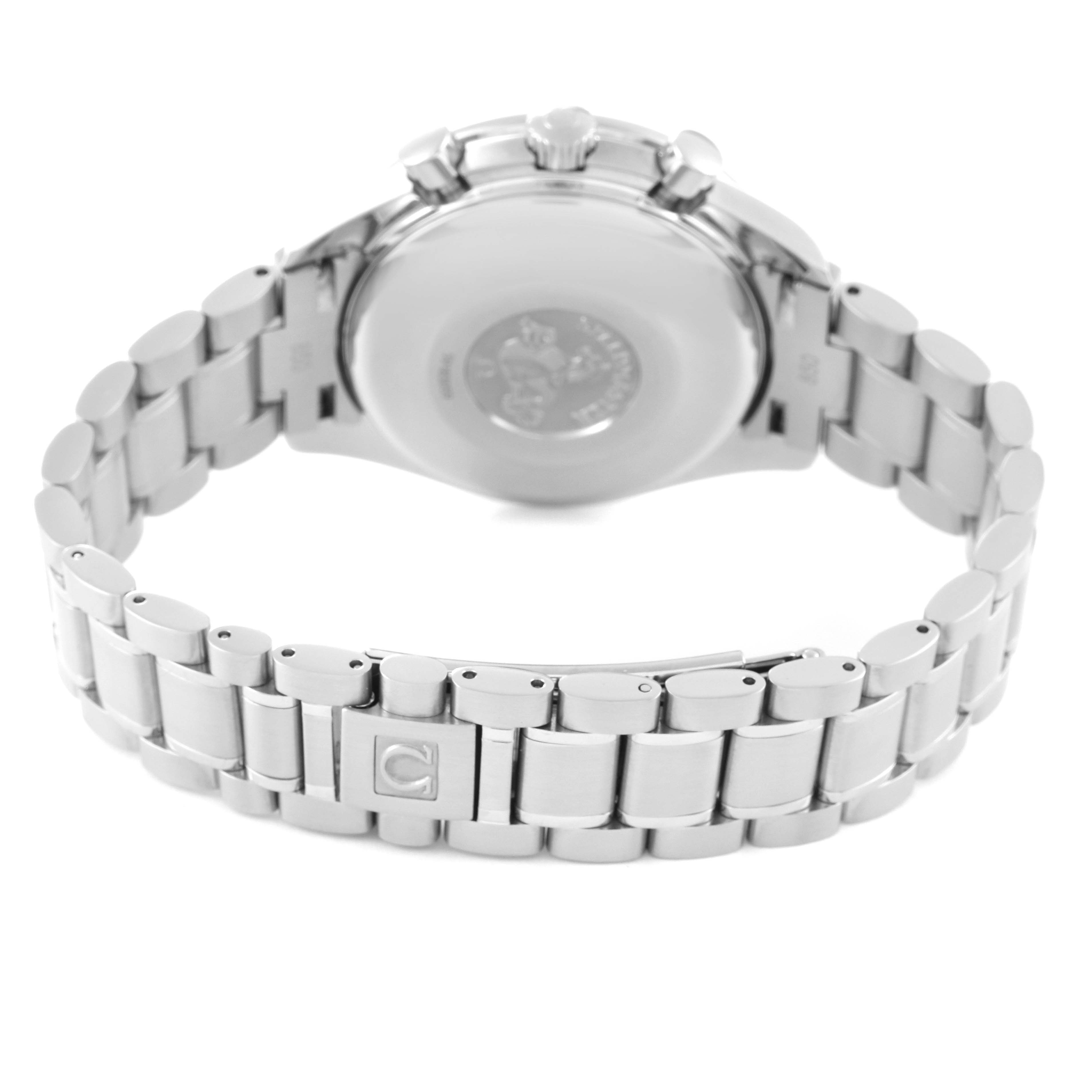 The image shows the back case and stainless steel bracelet of an Omega Speedmaster 3513.80.00 Men's Stainless Steel Blue Dial 3513.80.00 Men's Stainless Steel Blue Dial watch from a rear angle.