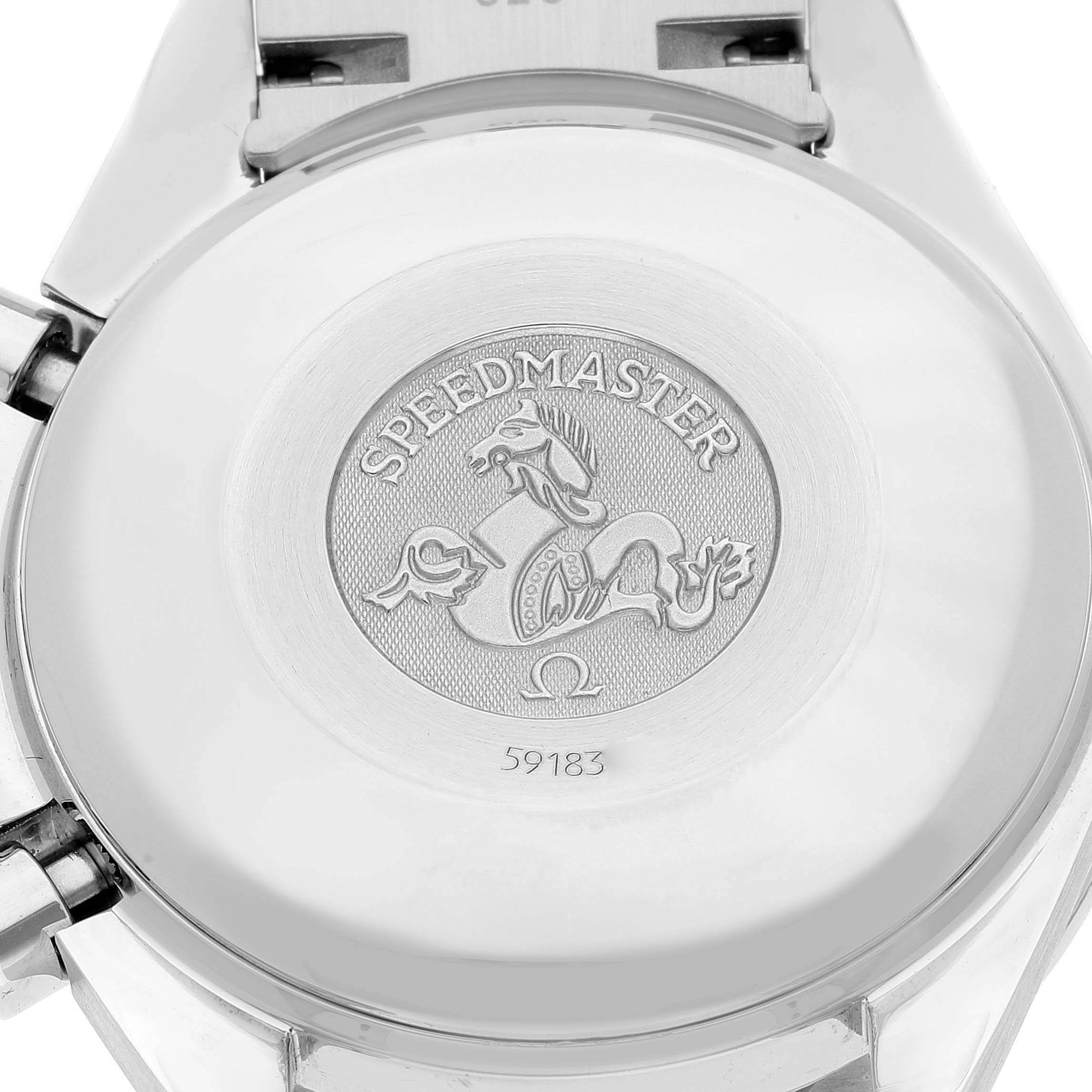 This image shows the case back of an Omega Speedmaster 3513.80.00 Men's Stainless Steel Blue Dial 3513.80.00 Men's Stainless Steel Blue Dial watch, including its engraving and logo.