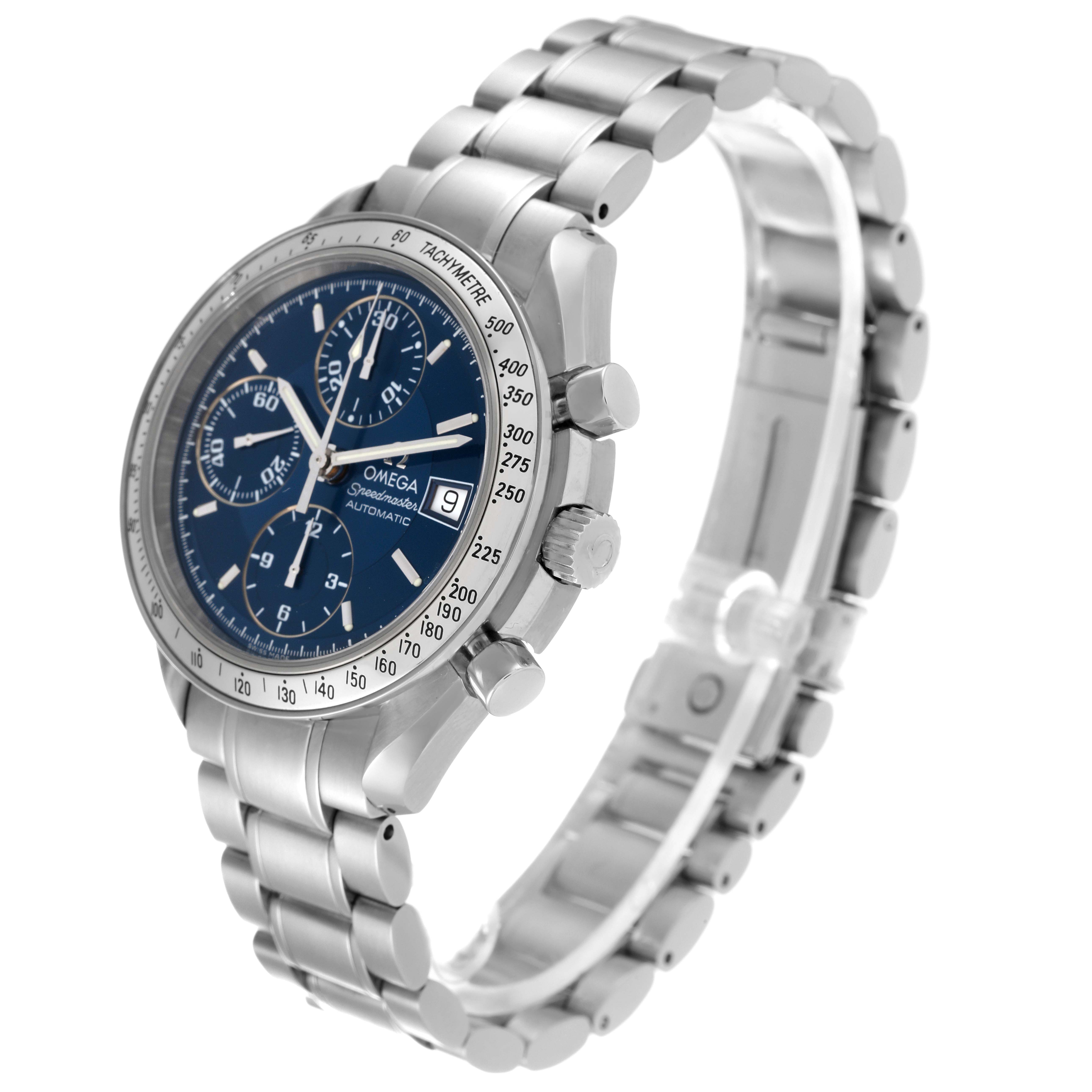 The Omega Speedmaster 3513.80.00 Men's Stainless Steel Blue Dial 3513.80.00 Men's Stainless Steel Blue Dial watch is shown at an angled side view, displaying the face, bezel, crown, pushers, and metal bracelet.