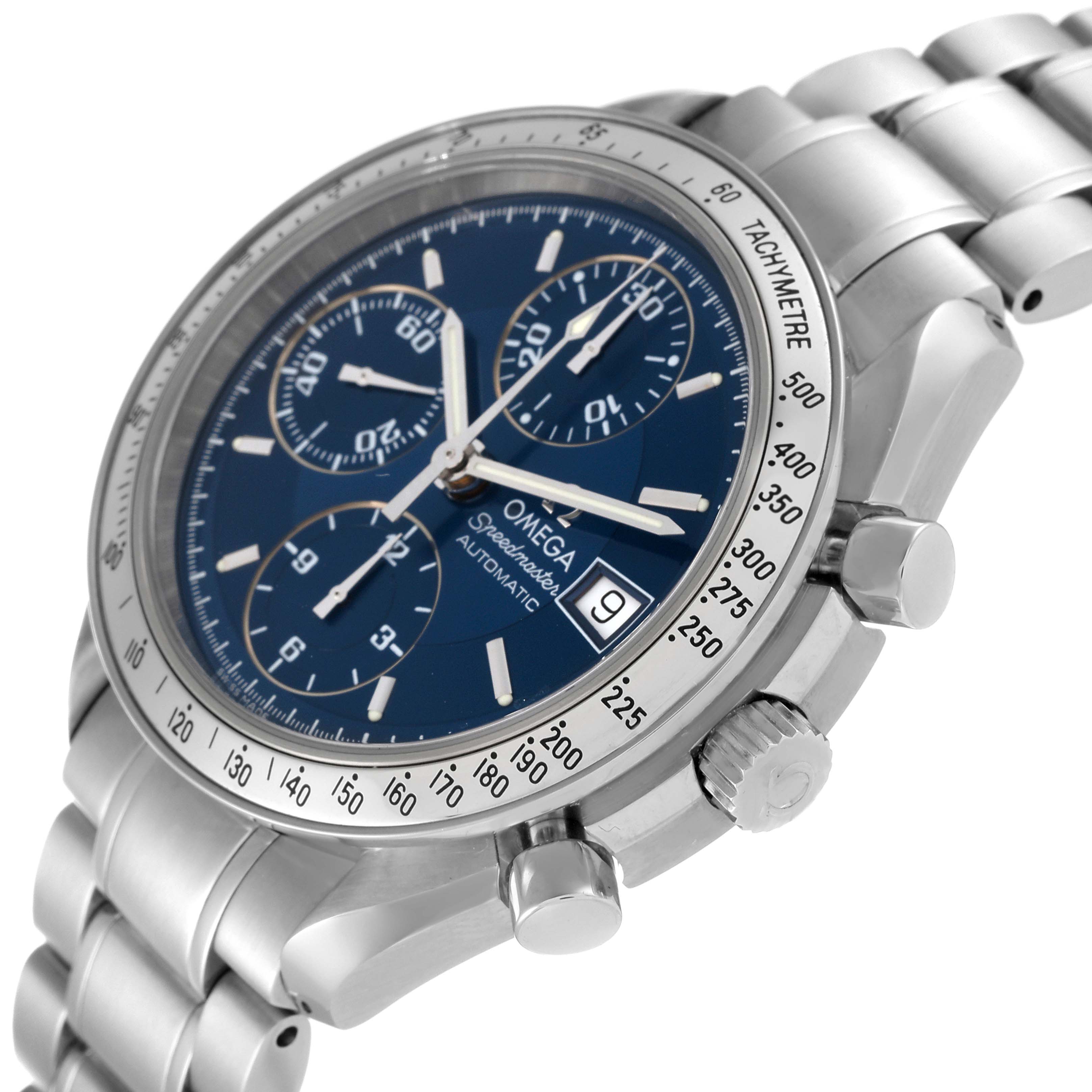 The Omega Speedmaster 3513.80.00 Men's Stainless Steel Blue Dial 3513.80.00 Men's Stainless Steel Blue Dial watch is shown at an angled view, showcasing the dial, bezel, crown, pushers, and bracelet.