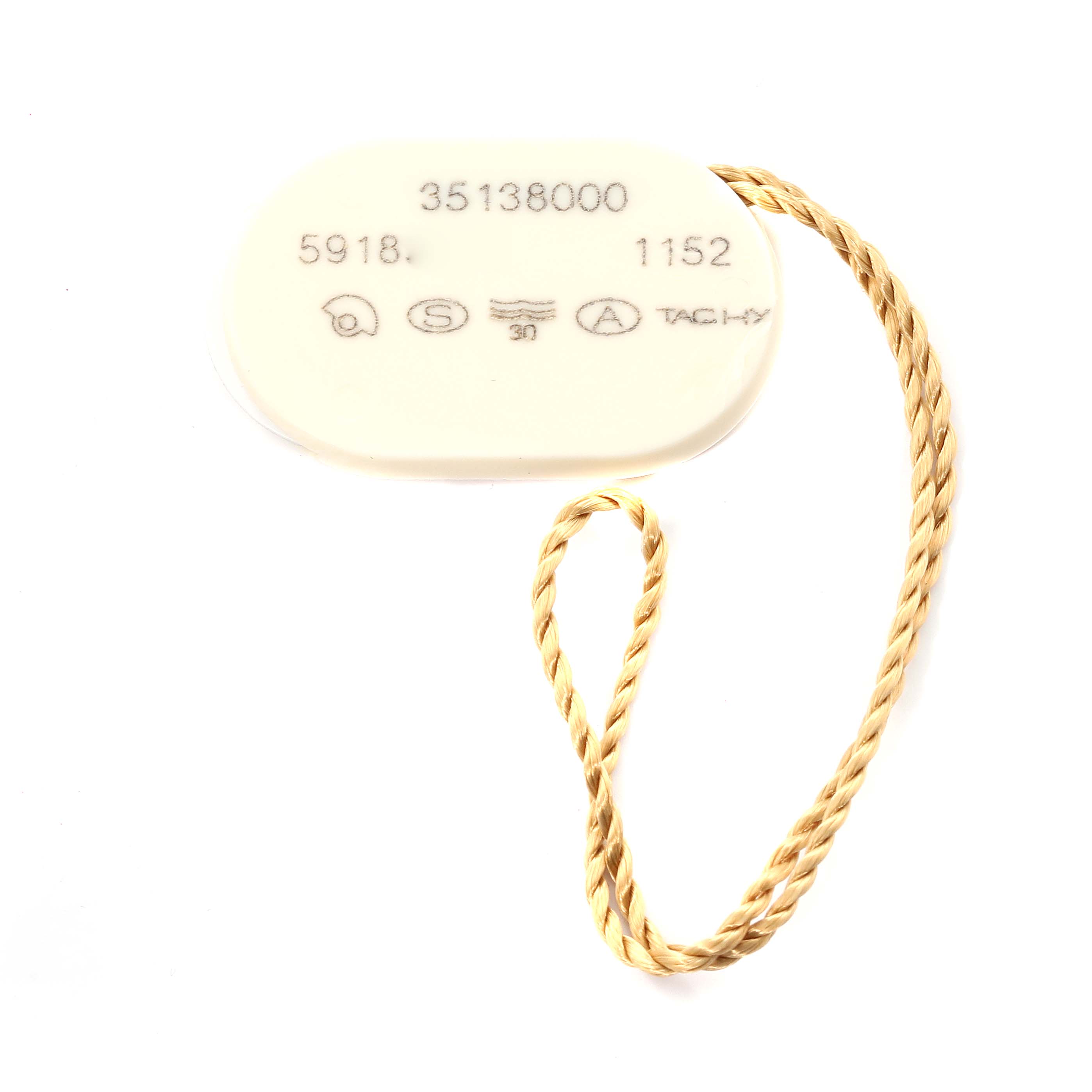 The image shows a tag for the Omega Speedmaster 3513.80.00 Men's Stainless Steel Blue Dial 3513.80.00 Men's Stainless Steel Blue Dial model with various specifications printed on it, including a gold-colored twisted string.