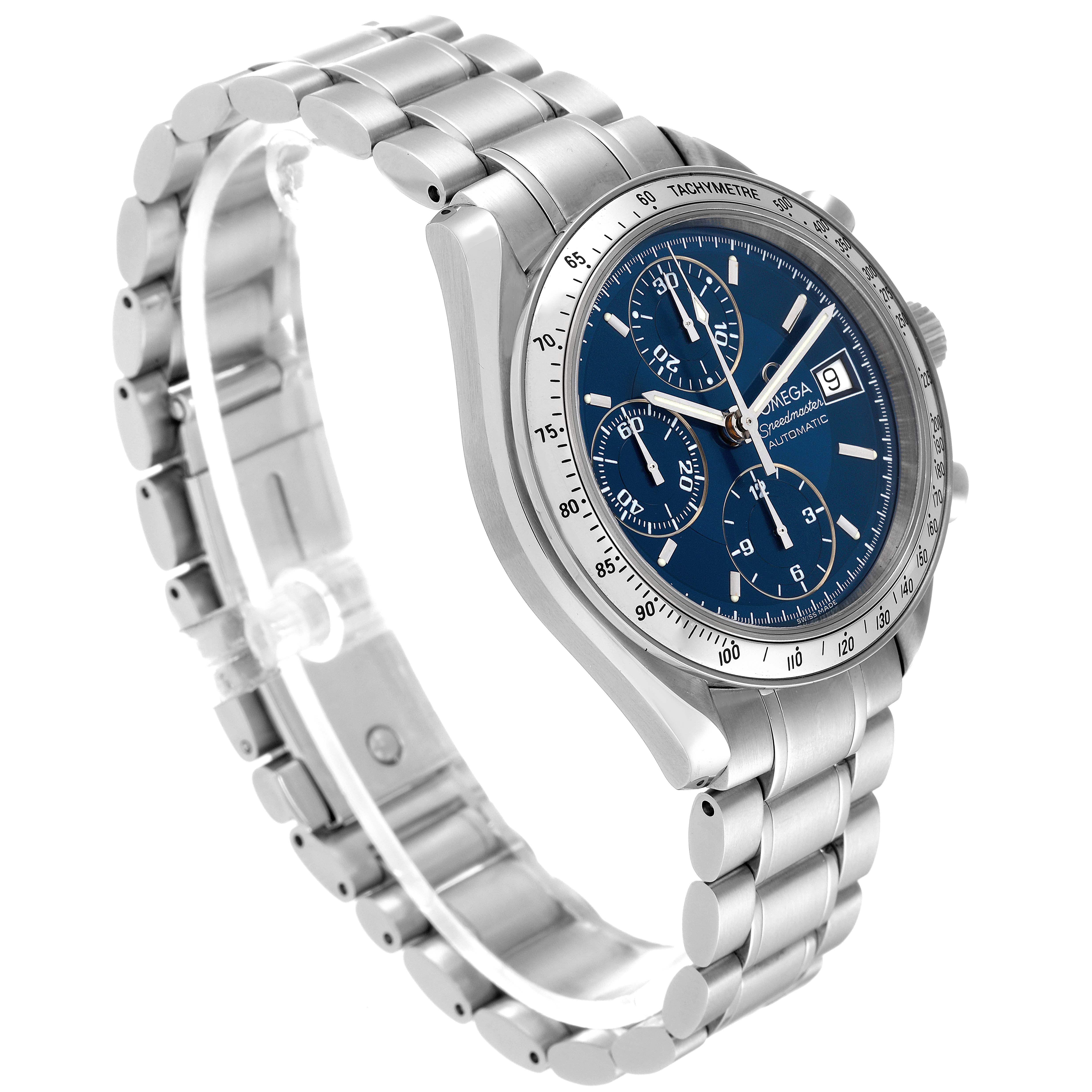 The Omega Speedmaster 3513.80.00 Men's Stainless Steel Blue Dial 3513.80.00 Men's Stainless Steel Blue Dial watch is shown in a three-quarter angle, highlighting the dial, bezel, and bracelet.