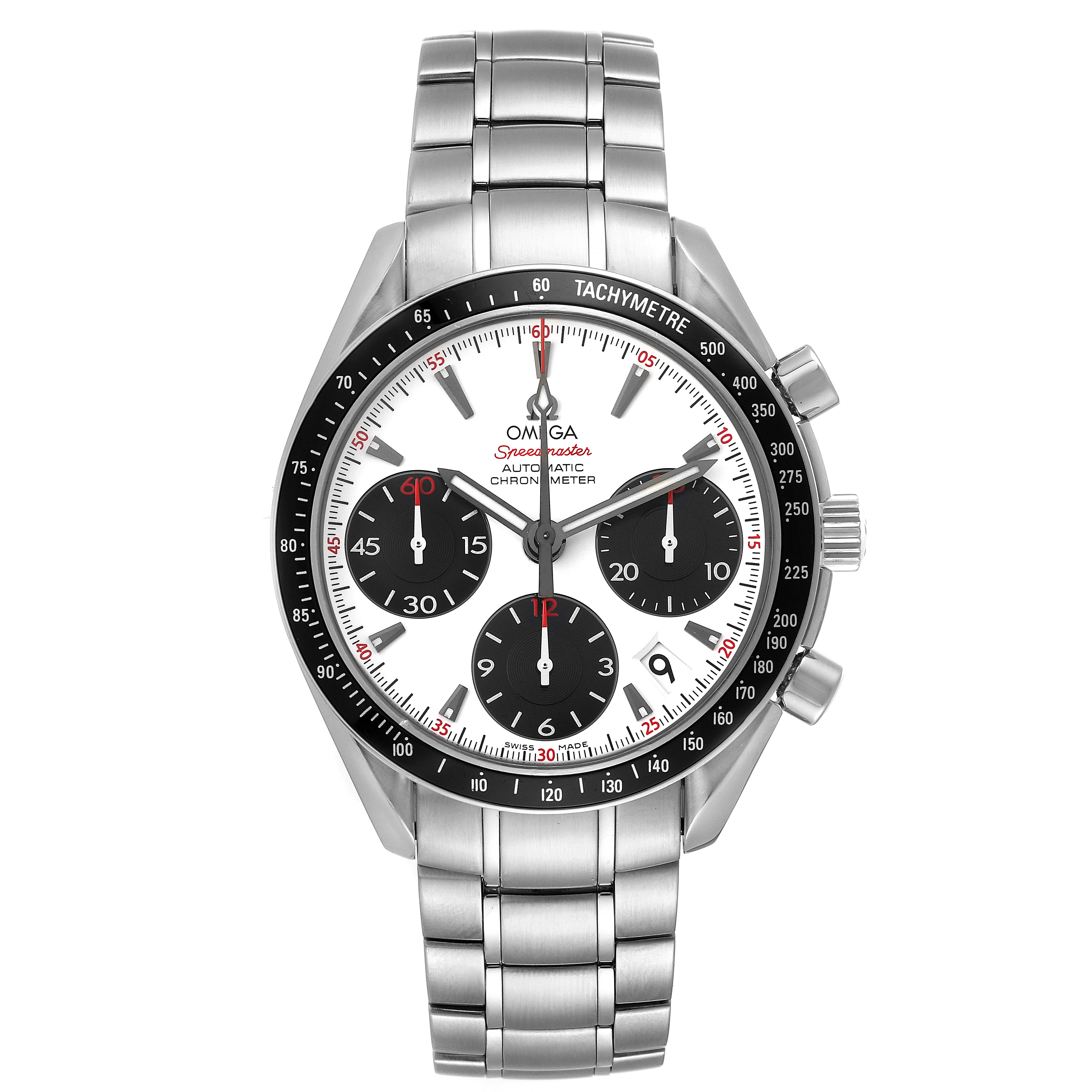 The image shows a frontal view of the Omega Speedmaster 323.30.40.40.04.001 Men's Stainless Steel White Dial 323.30.40.40.04.001 Men's Stainless Steel White Dial watch, displaying its face, bezel, and stainless steel bracelet.