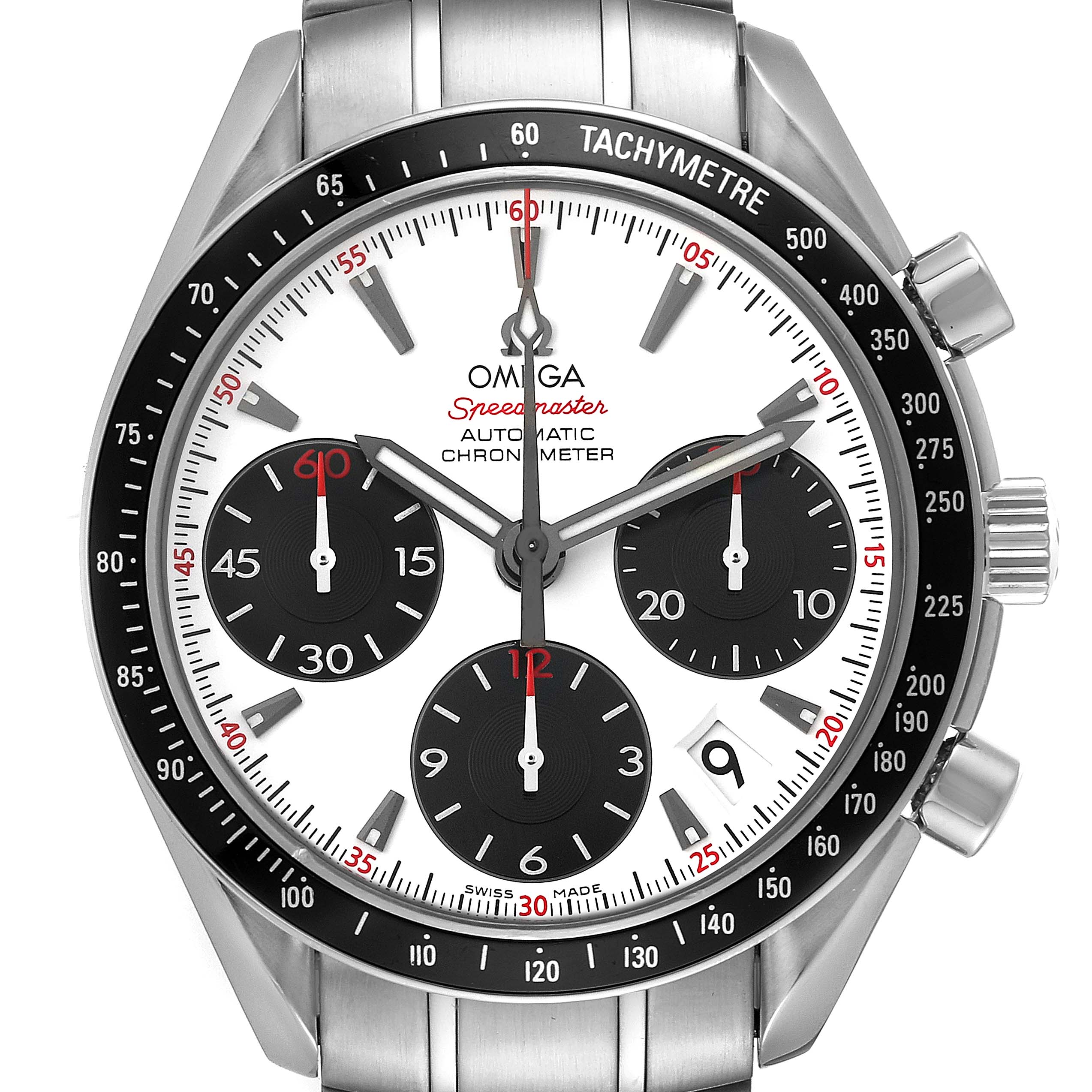 The image shows a front view of the Omega Speedmaster 323.30.40.40.04.001 Men's Stainless Steel White Dial 323.30.40.40.04.001 Men's Stainless Steel White Dial watch, highlighting its dial, tachymeter bezel, and subdials.