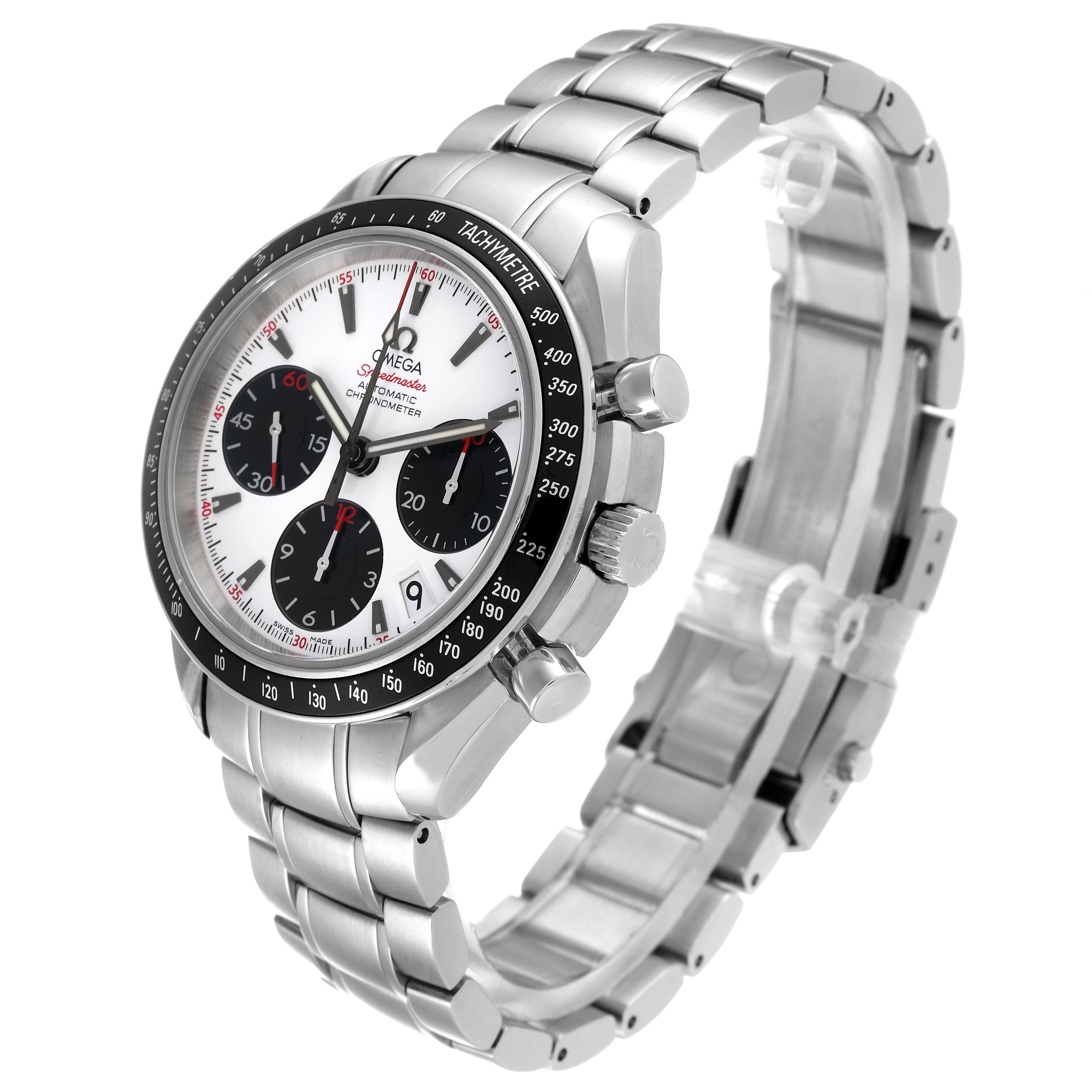 This image shows an Omega Speedmaster 323.30.40.40.04.001 Men's Stainless Steel White Dial 323.30.40.40.04.001 Men's Stainless Steel White Dial watch at a three-quarter angle, displaying the dial, tachymeter bezel, and metal bracelet.