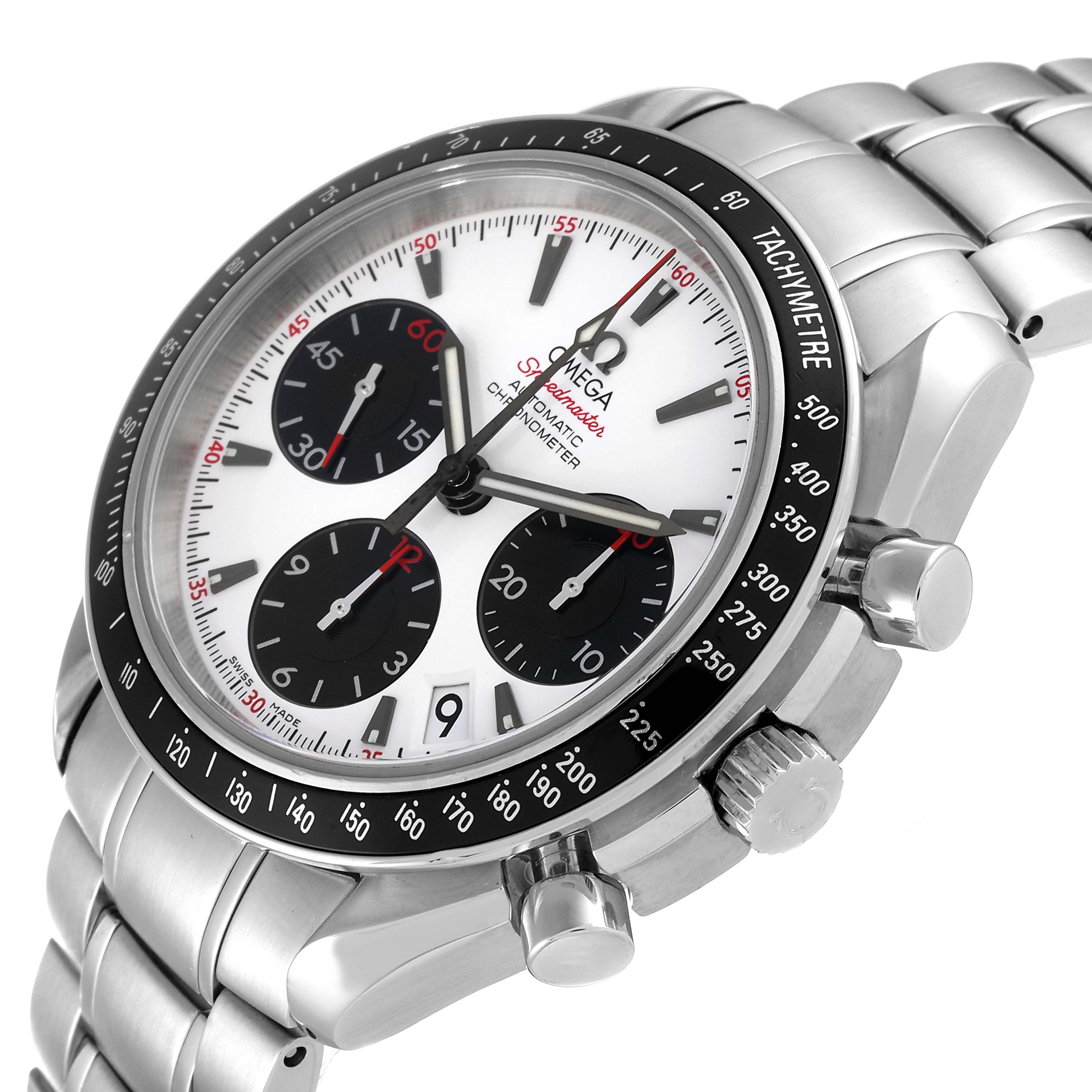 The image shows an angled view of the Omega Speedmaster 323.30.40.40.04.001 Men's Stainless Steel White Dial 323.30.40.40.04.001 Men's Stainless Steel White Dial watch featuring its dial, bezel, crown, and bracelet.