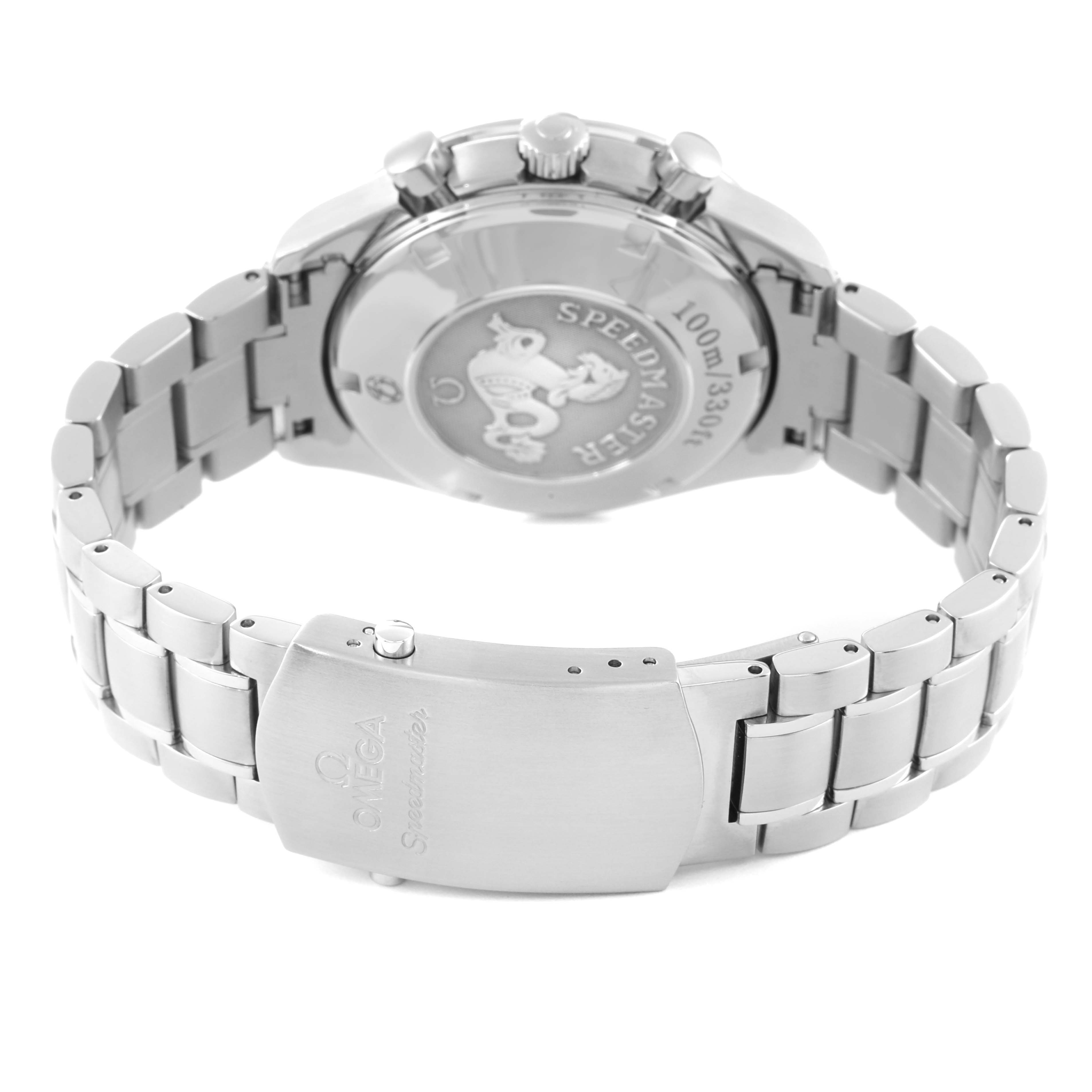 This image shows the back and stainless steel bracelet clasp of an Omega Speedmaster 323.30.40.40.04.001 Men's Stainless Steel White Dial 323.30.40.40.04.001 Men's Stainless Steel White Dial watch.