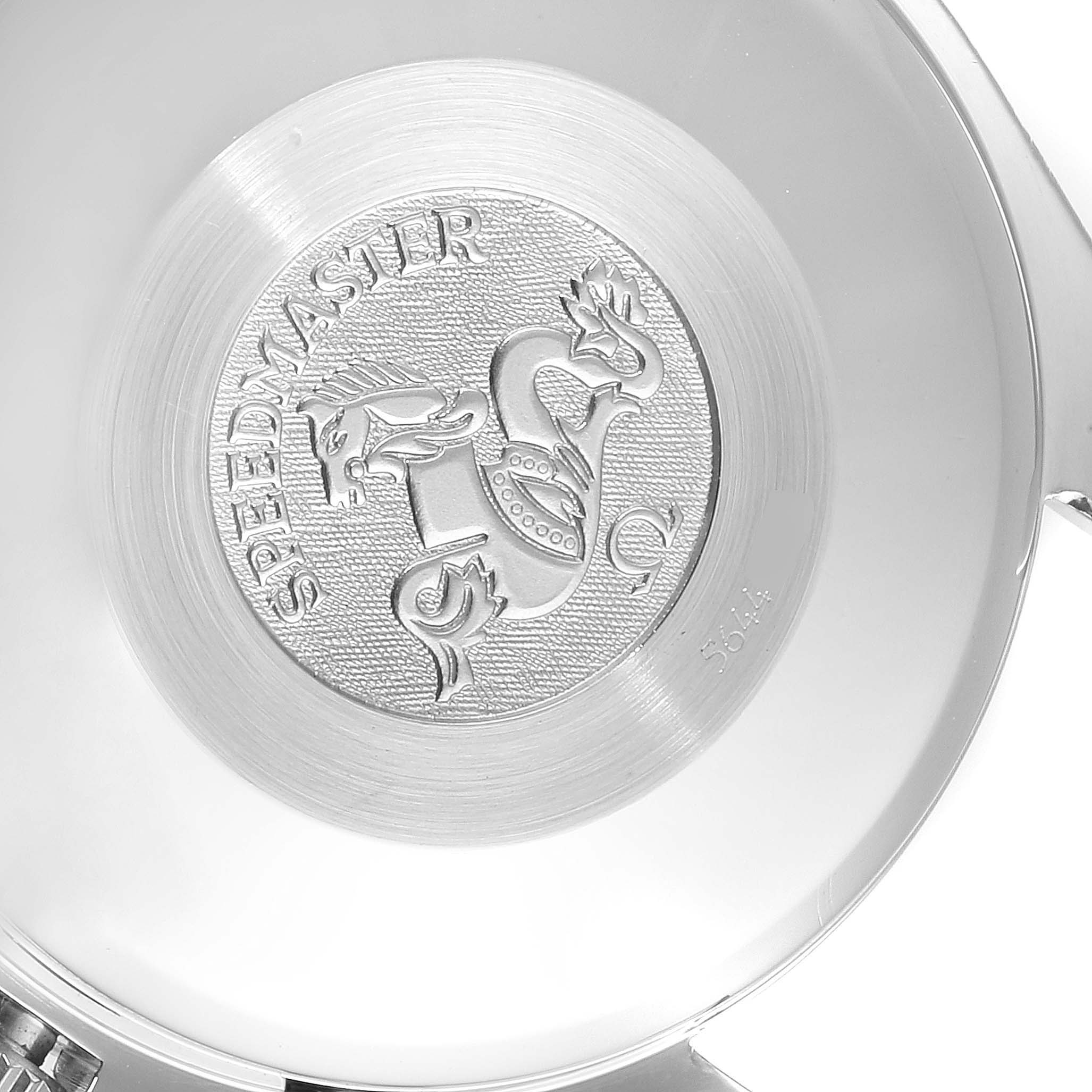 The image shows the case back of an Omega Speedmaster 3523.80.00 Men's Stainless Steel Blue Dial 3523.80.00 Men's Stainless Steel Blue Dial watch, featuring the engraved Speedmaster logo.