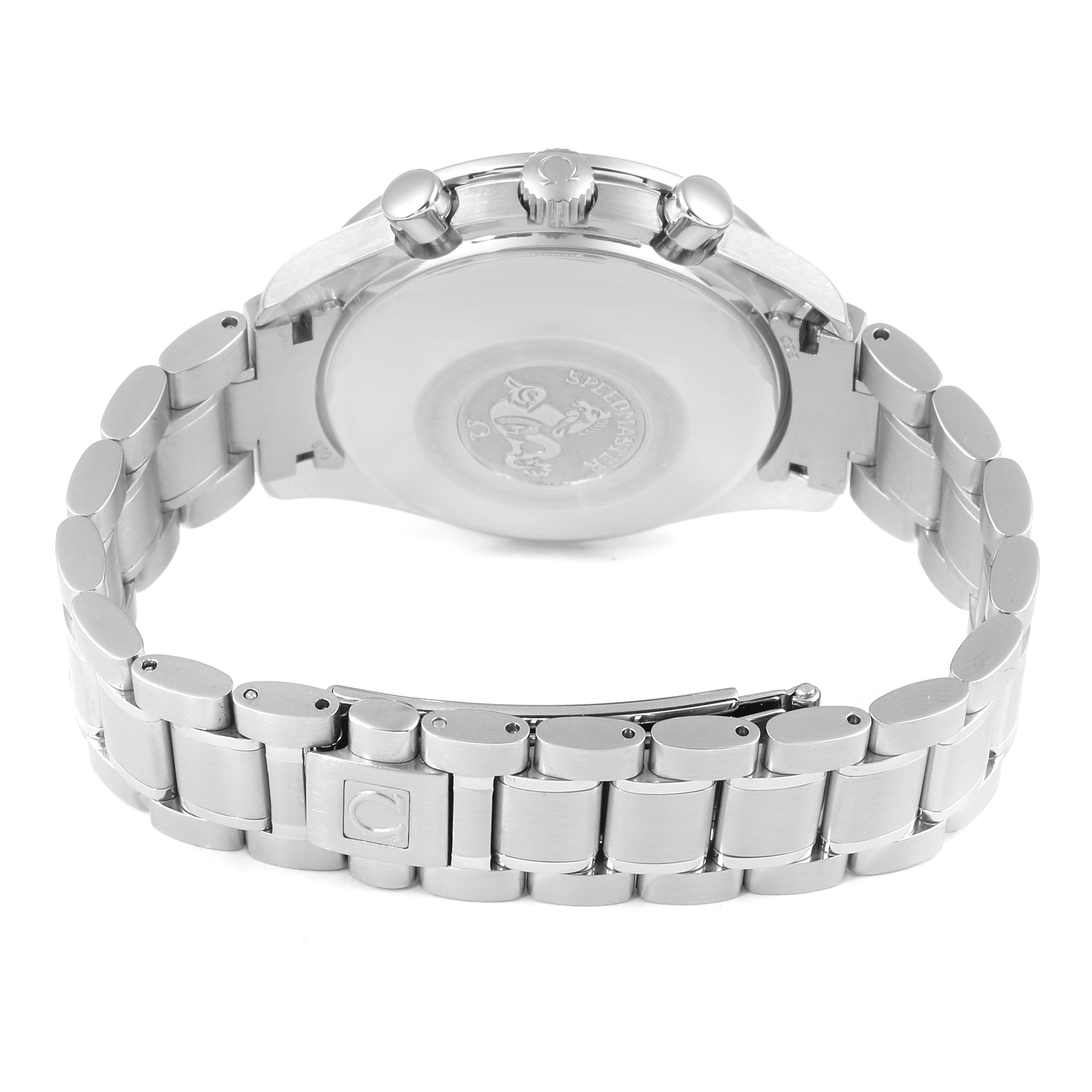 This image shows the back case and stainless steel bracelet of an Omega Speedmaster 3523.80.00 Men's Stainless Steel Blue Dial 3523.80.00 Men's Stainless Steel Blue Dial watch.